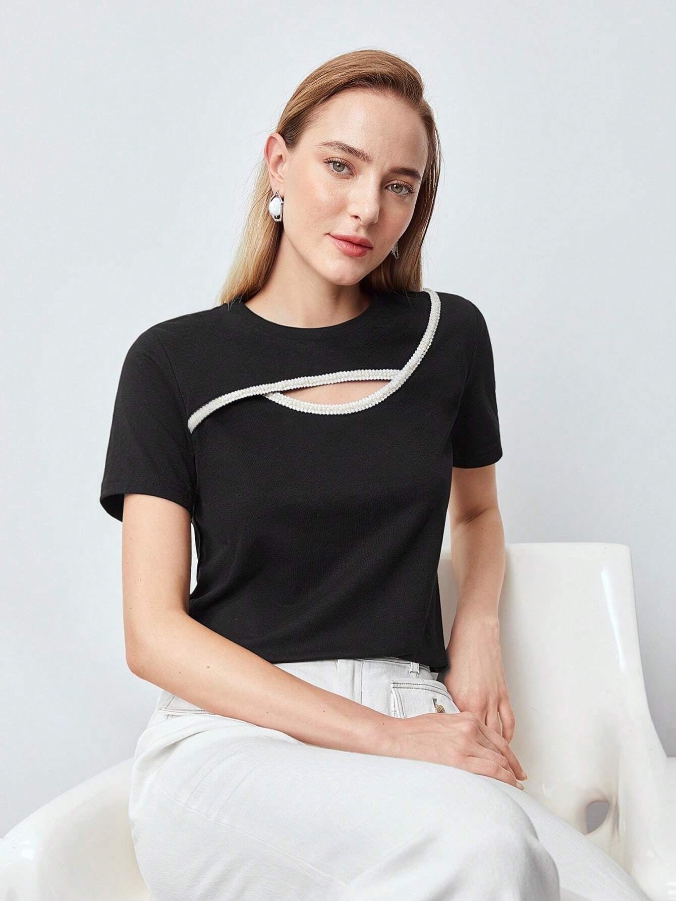 CM-TS118885 Women Casual Seoul Style Round Neck Pearl Cut-Out Top - Black
