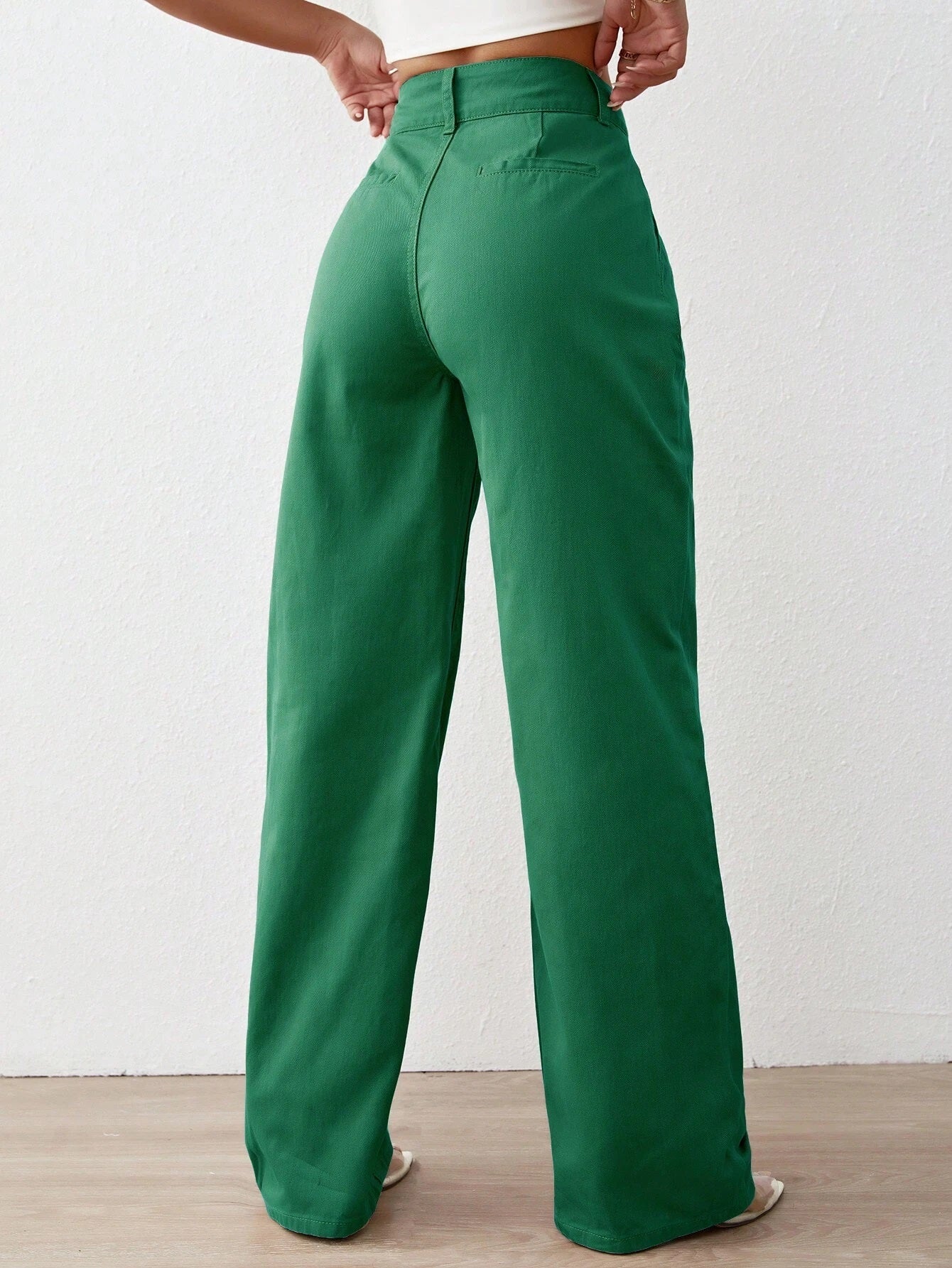 CM-BS777770 Women Preppy Seoul Style Solid High Waist Wide Leg Jeans - Dark Green