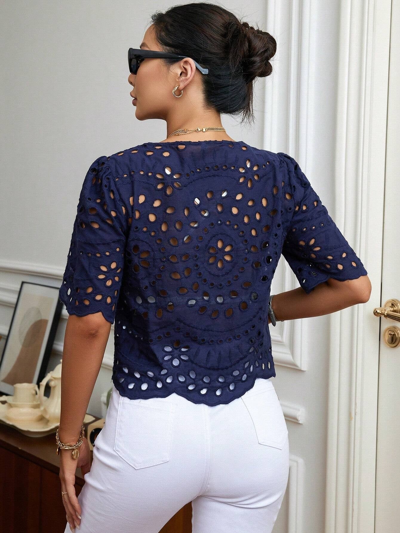 CM-TS868062 Women Trendy Bohemian Style Hollow Out Scallop Trim Puff Sleeve Blouse - Navy Blue