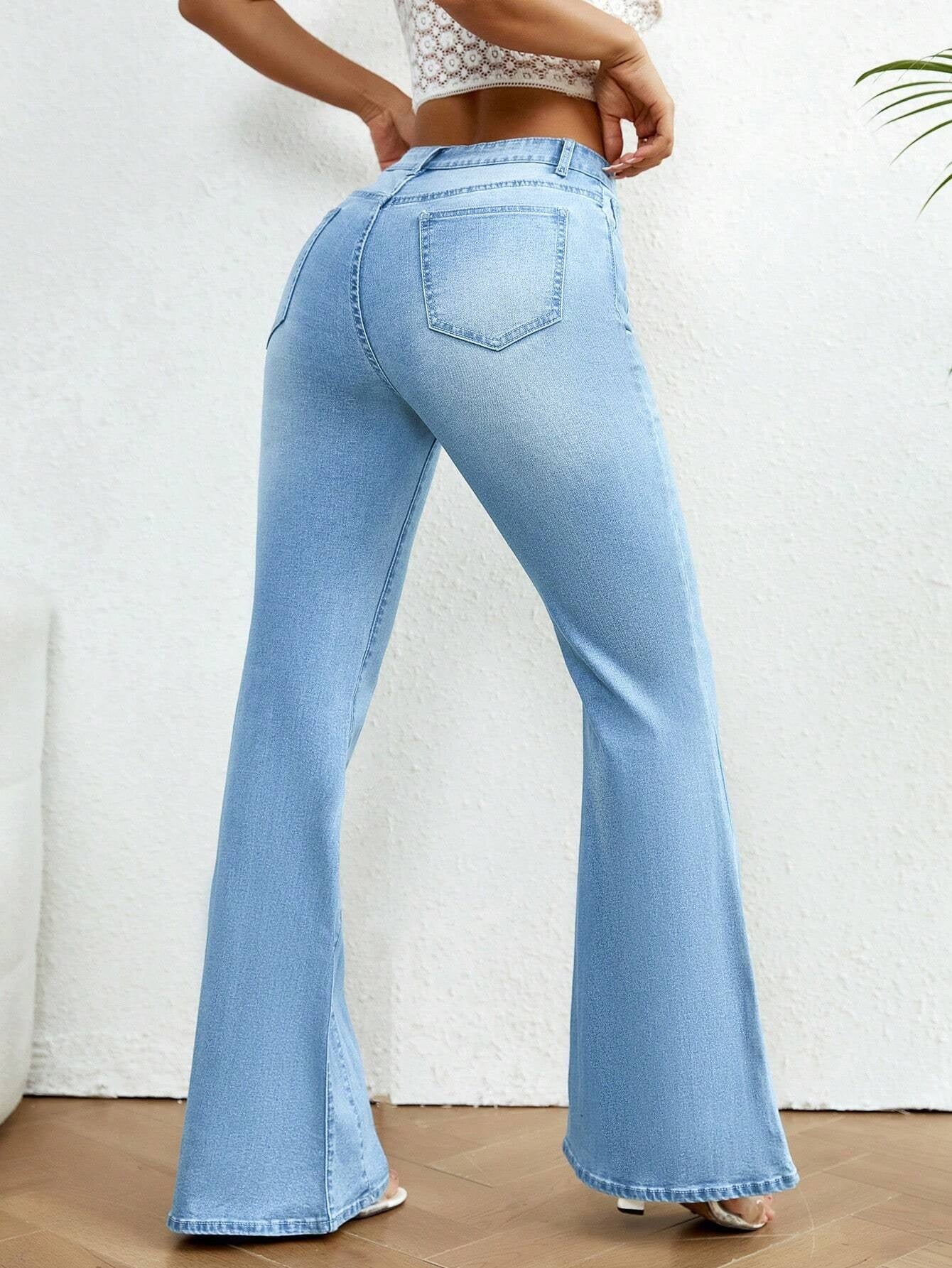 CM-BS416009 Women Preppy Seoul Style Light Wash Button Fly Flare Leg Jeans