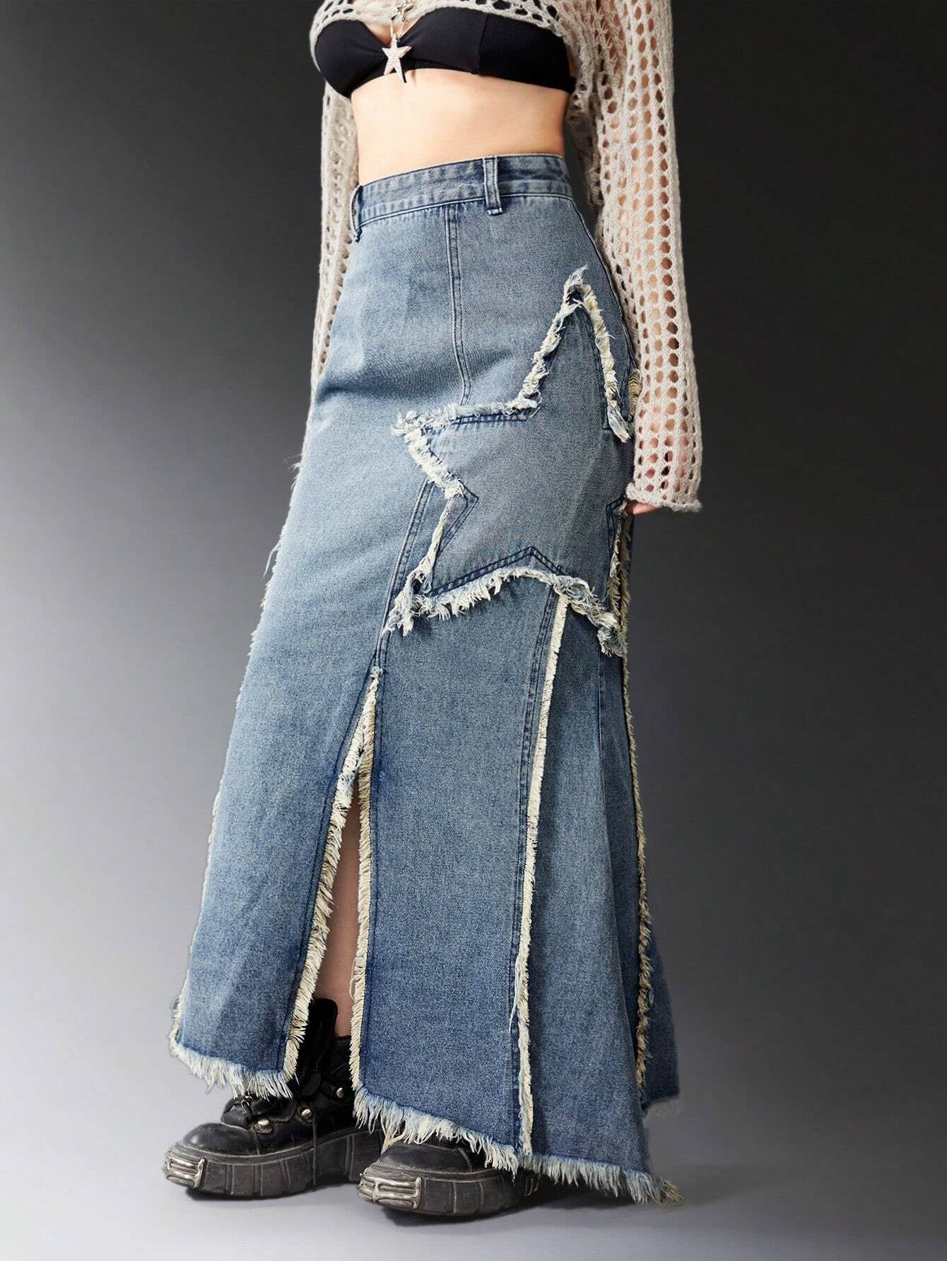 CM-BS491119 Women Preppy Seoul Style Punk Star Pattern Raw Trim Split Thigh Denim Skirt