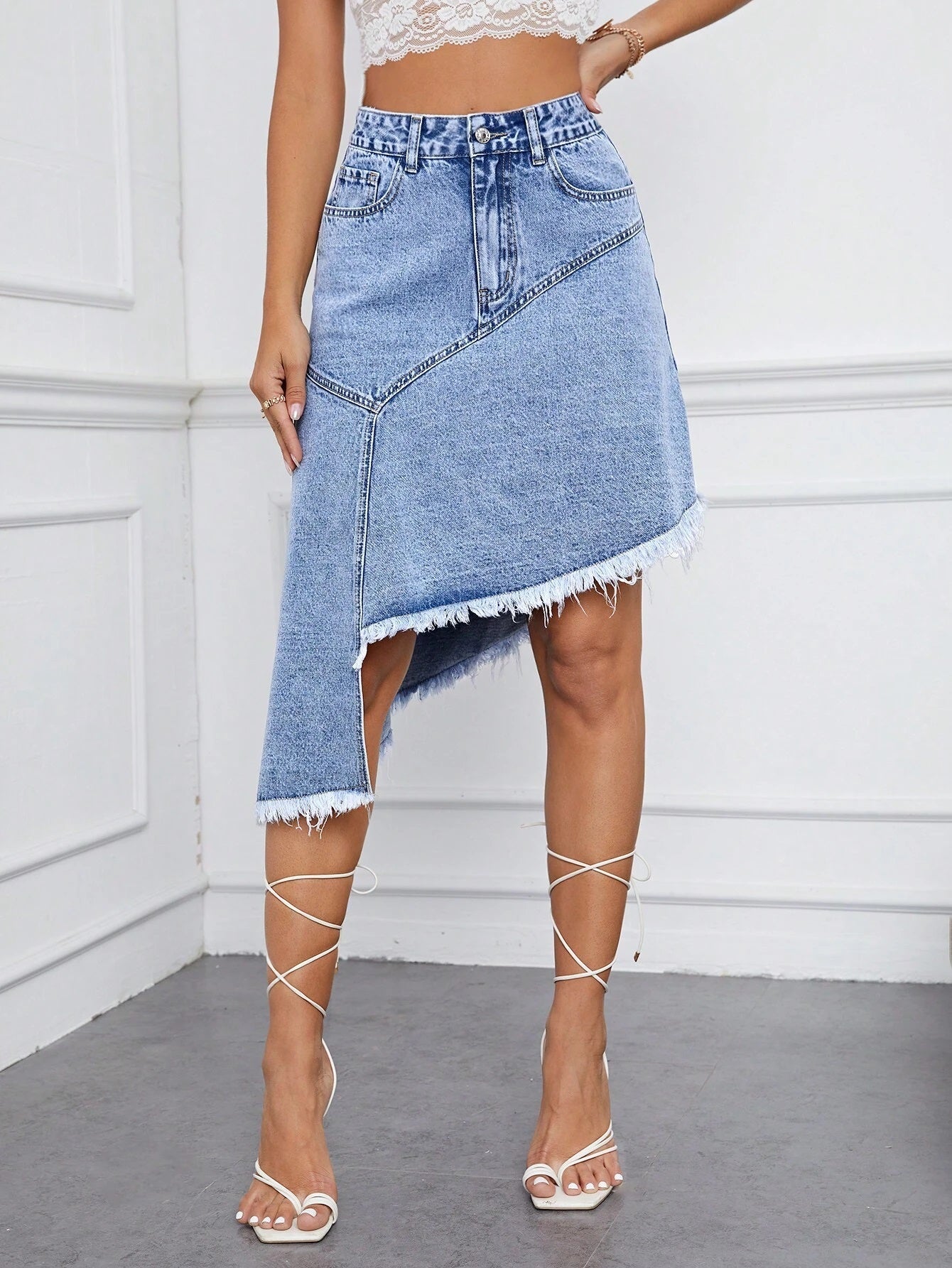 CM-BS359049 Women Casual Seoul Style High Waist Raw Trim Asymmetrical Hem Denim Skirt