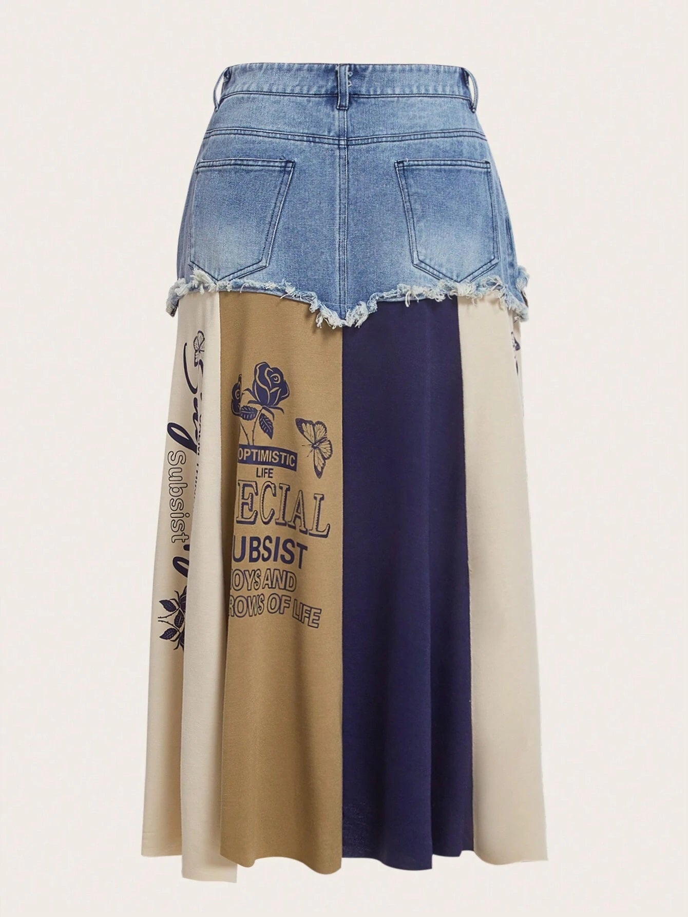 CM-BS027677 Women Preppy Seoul Style Slogan And Floral Print Colorblock Raw Trim Denim Skirt
