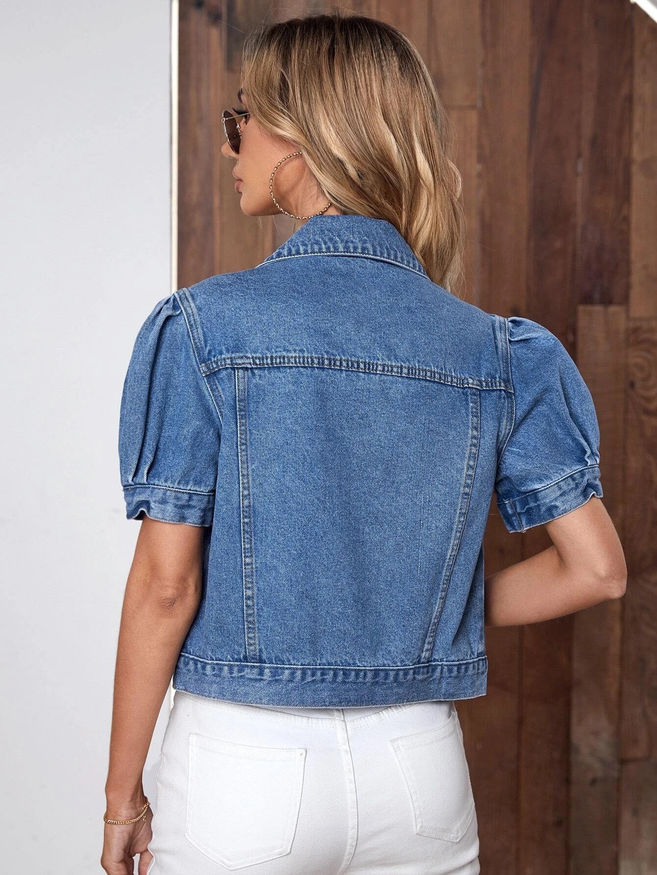 CM-CS859118 Women Casual Seoul Style Medium Wash Puff Sleeve Button Front Denim Jacket
