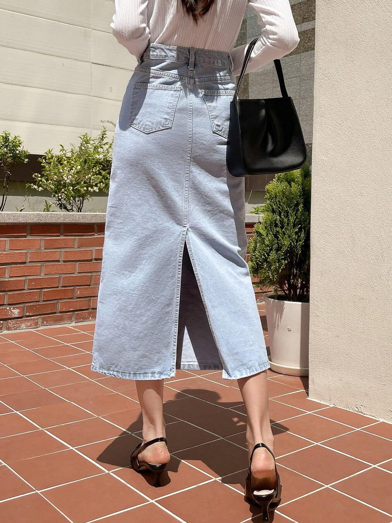 CM-BS325510 Women Casual Seoul Style Light Wash High Waist Split Back Denim Skirt