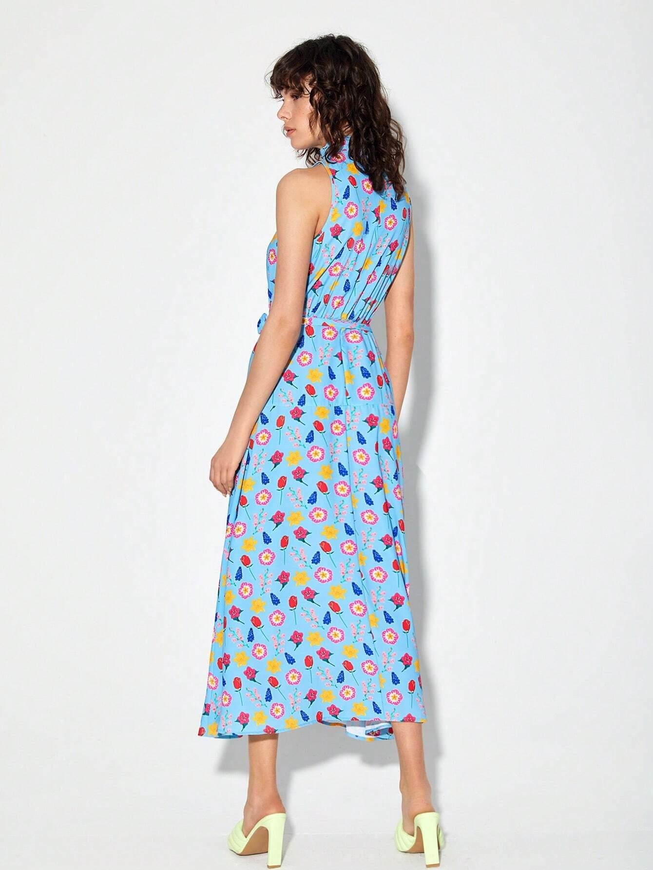 CM-DS611414 Women Trendy Bohemian Style Allover Print Mock Neck Belted Dress