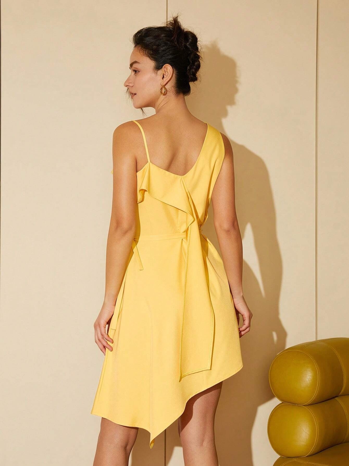 CM-DS706968 Women Elegant Seoul Style Solid Asymmetrical Hem Cami Dress - Yellow