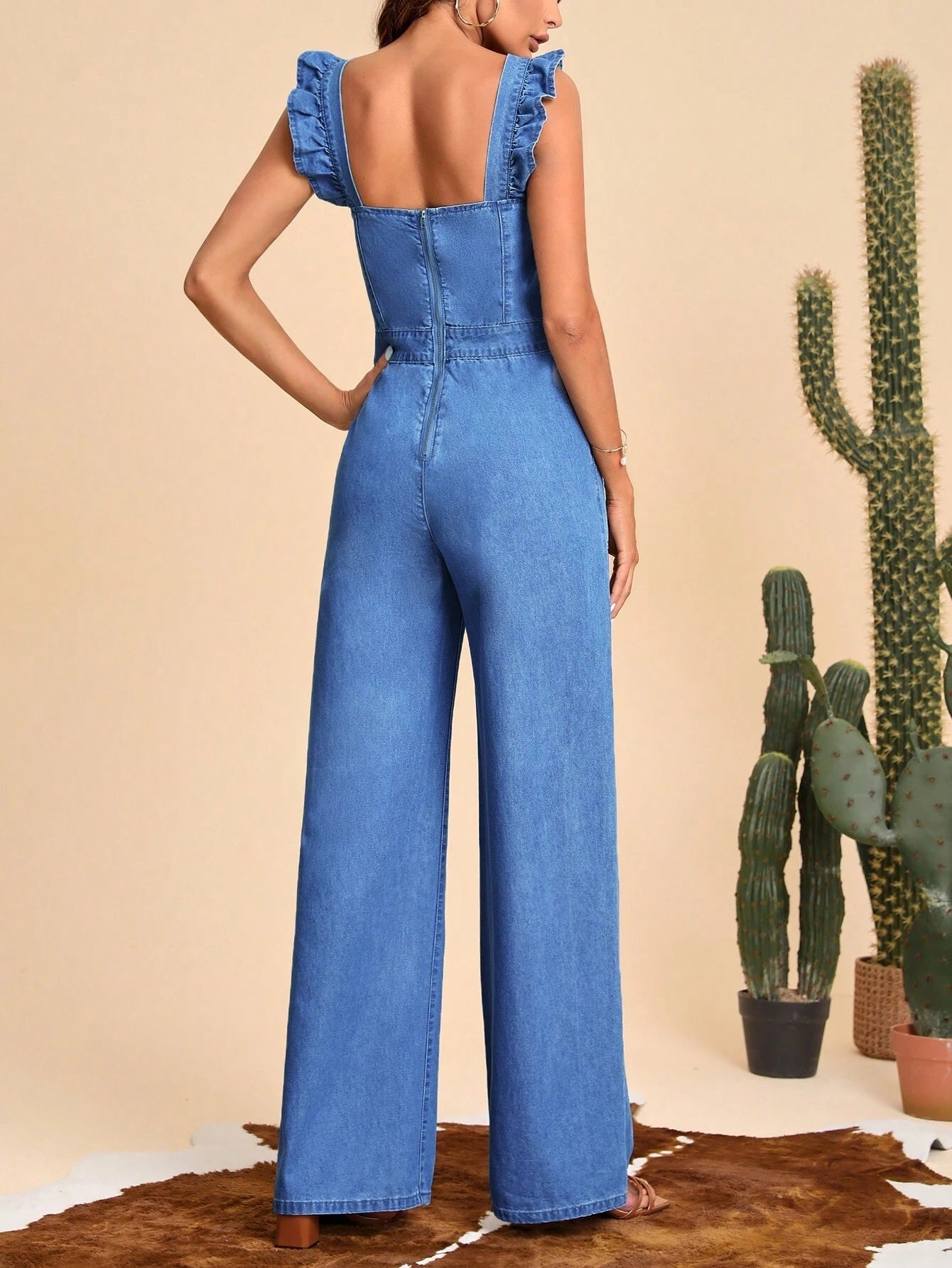 CM-JS286070 Women Preppy Seoul Style Medium Wash Ruffle Trim Wide Leg Denim Jumpsuit