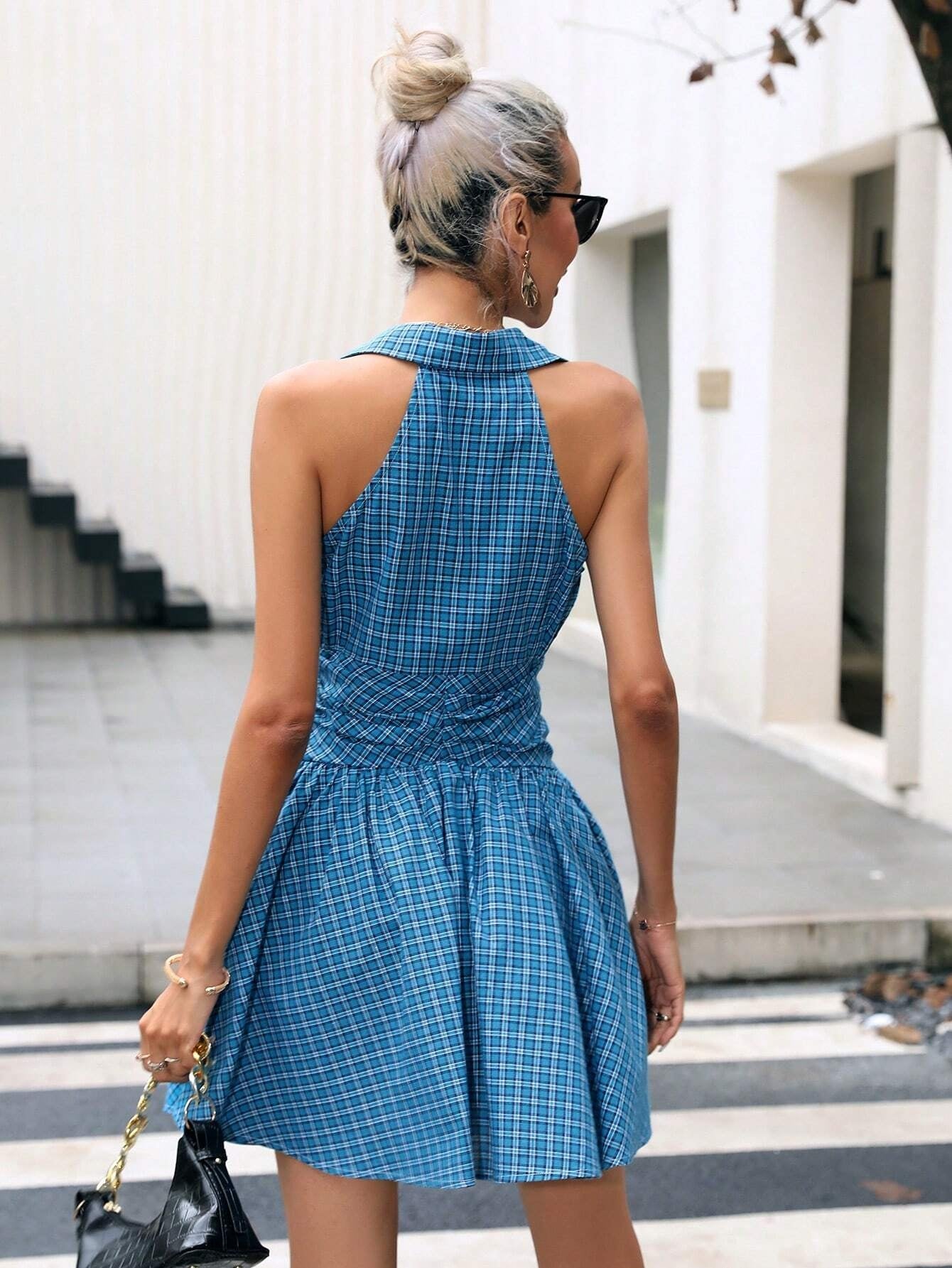 CM-DS867666 Women Casual Seoul Style Sleeveless Plaid Ruched Button Front Shirt Dress