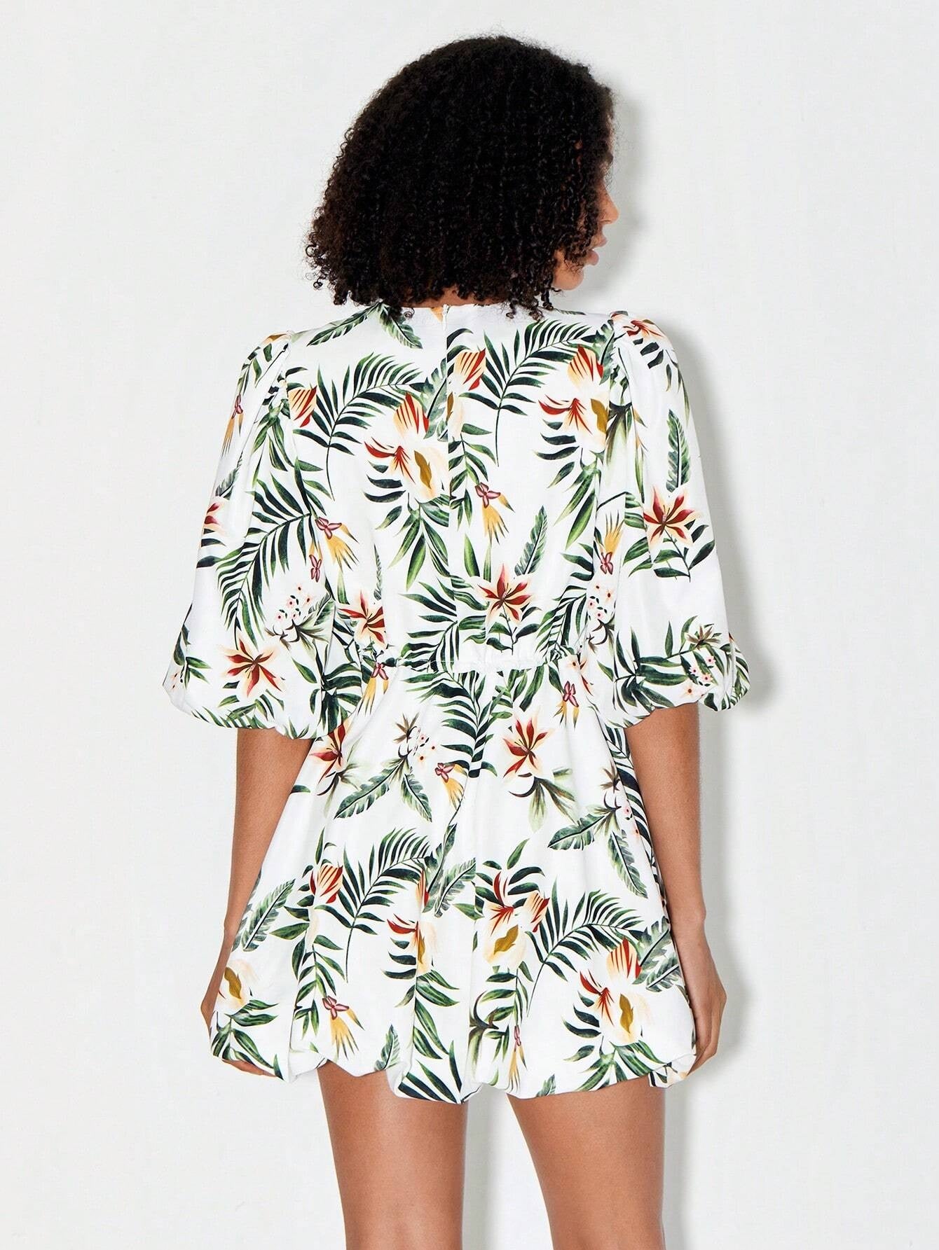 CM-DS220570 Women Trendy Bohemian Style Tropical Print Puff Sleeve Drawstring Waist Dress