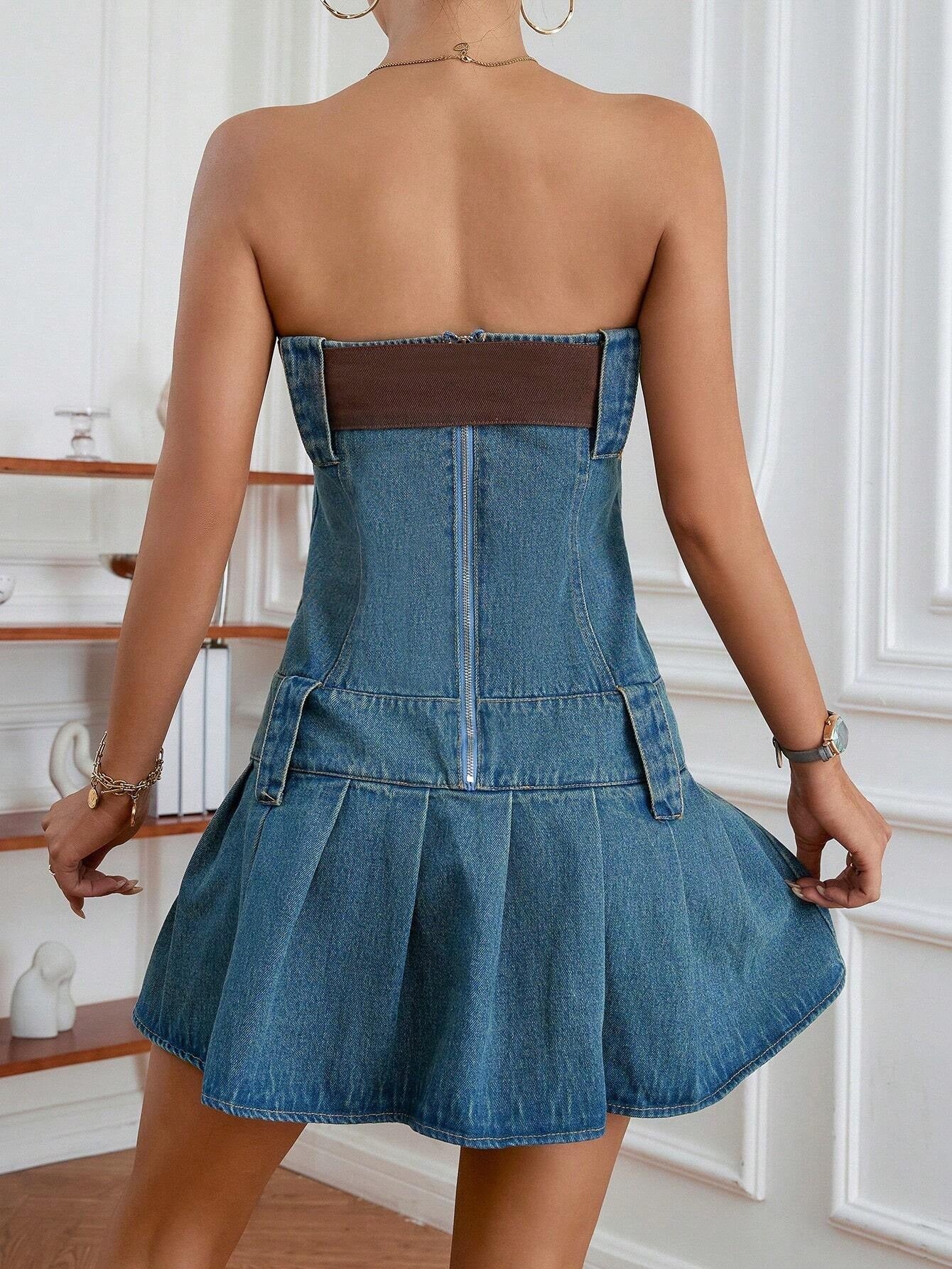 CM-DS965275 Women Preppy Seoul Style Buckle Detail Pleated Hem Tube Denim Dress