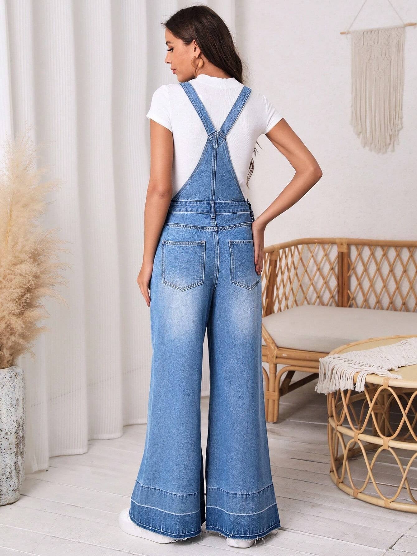 CM-JS769997 Women Preppy Seoul Style Medium Wash Ripped Wide Leg Denim Overalls