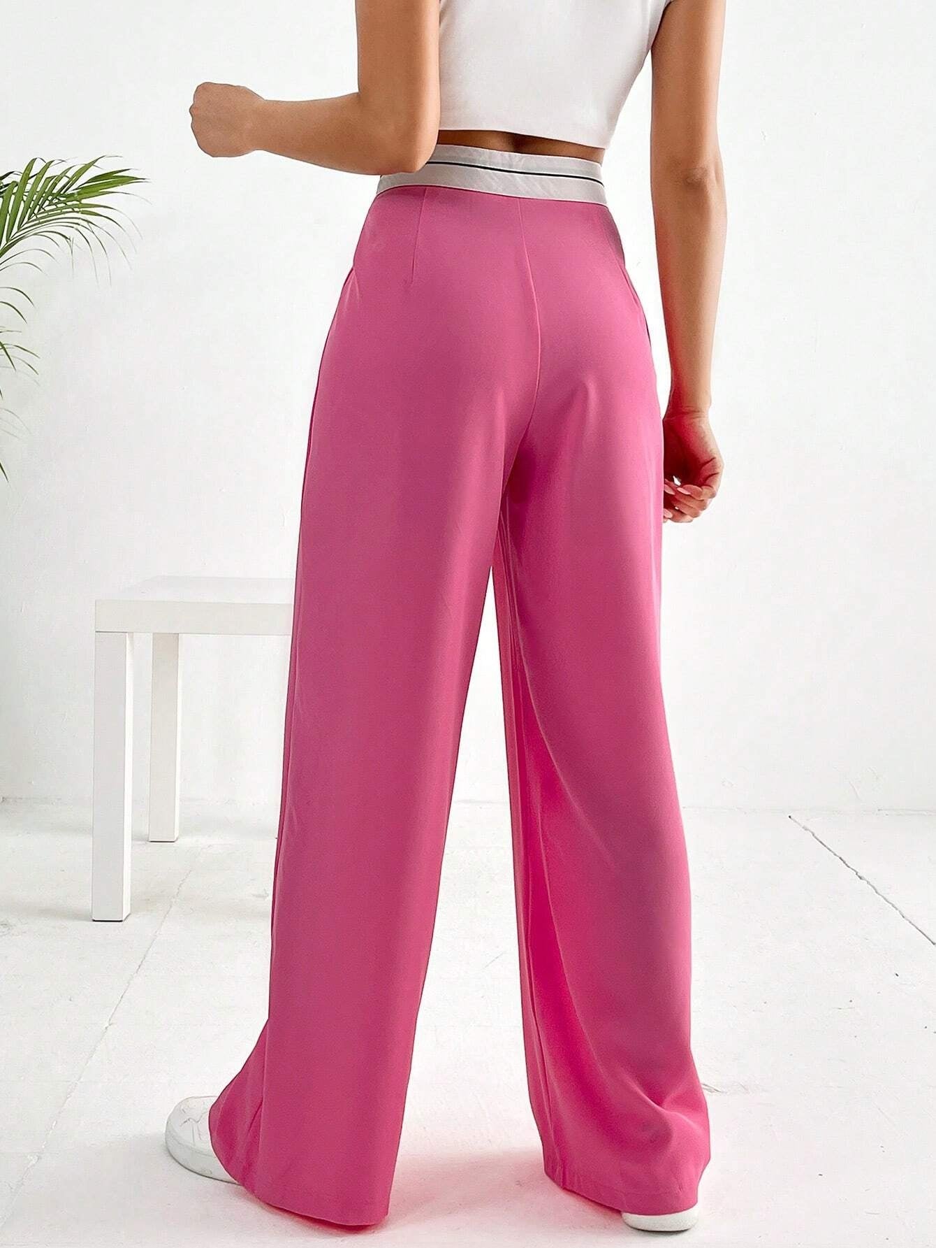CM-BS503696 Women Casual Seoul Style Striped Waistband Wide Leg Pants - Hot Pink