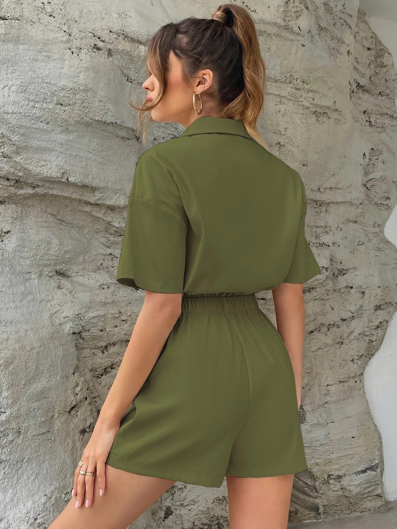 CM-JS081890 Women Casual Seoul Style Flap Pocket Drop Shoulder Shirt Romper - Army Green