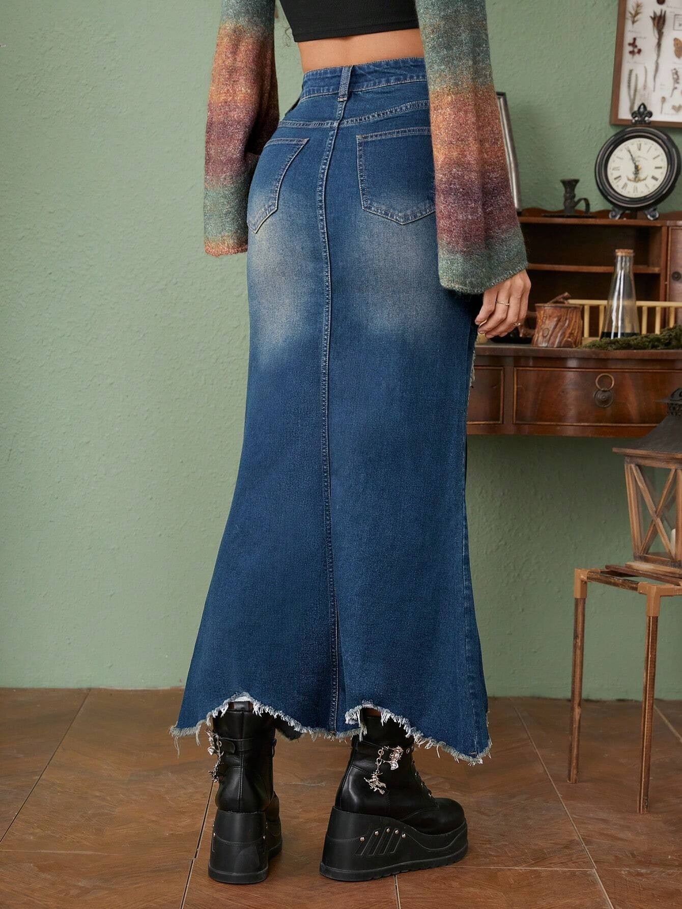 CM-BS239811 Women Preppy Seoul Style Lace Up Front Raw Trim Mermaid Hem Denim Skirt