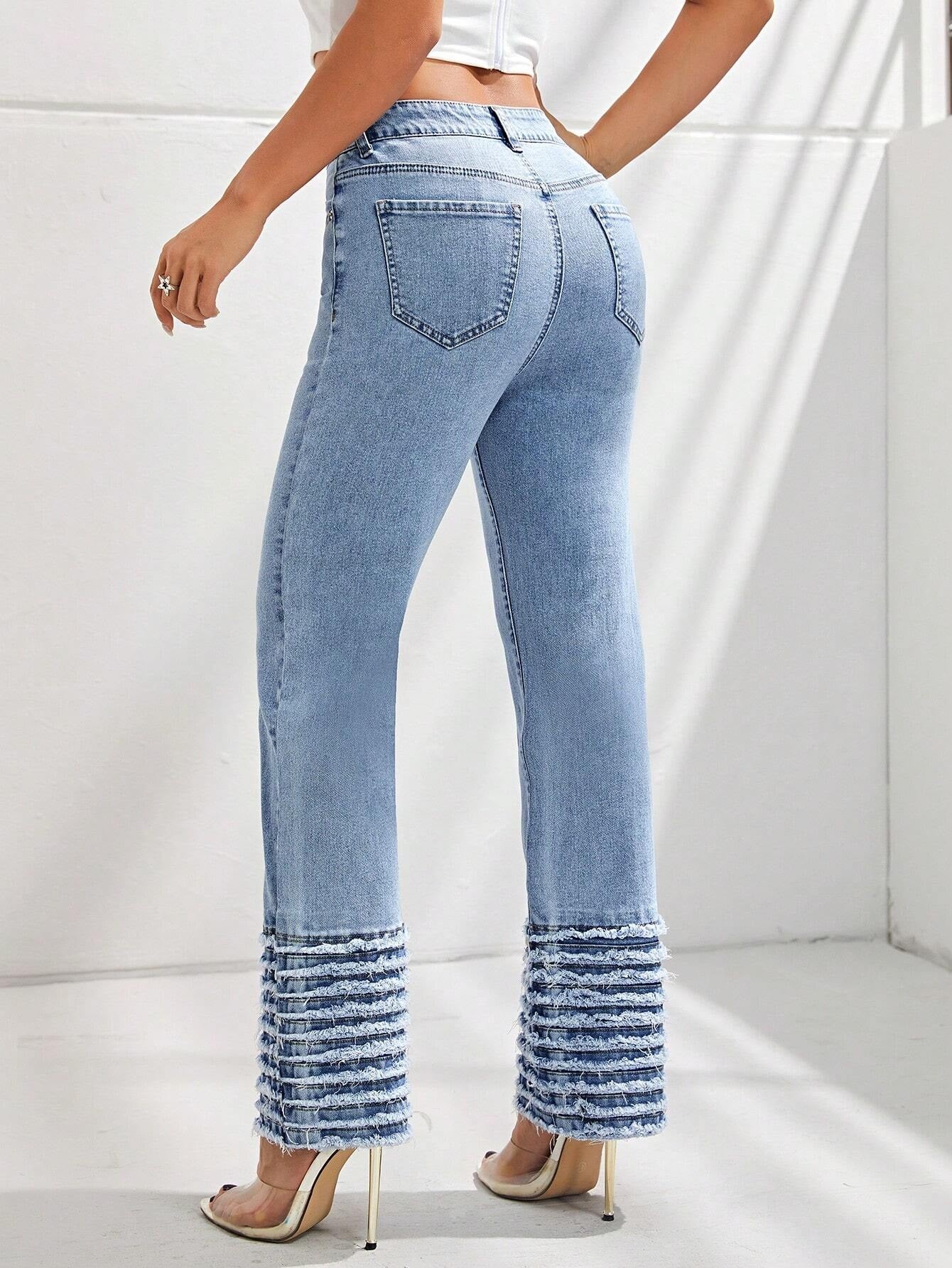 CM-BS076701 Women Preppy Seoul Style Light Wash Raw Hem Flare Leg Jeans
