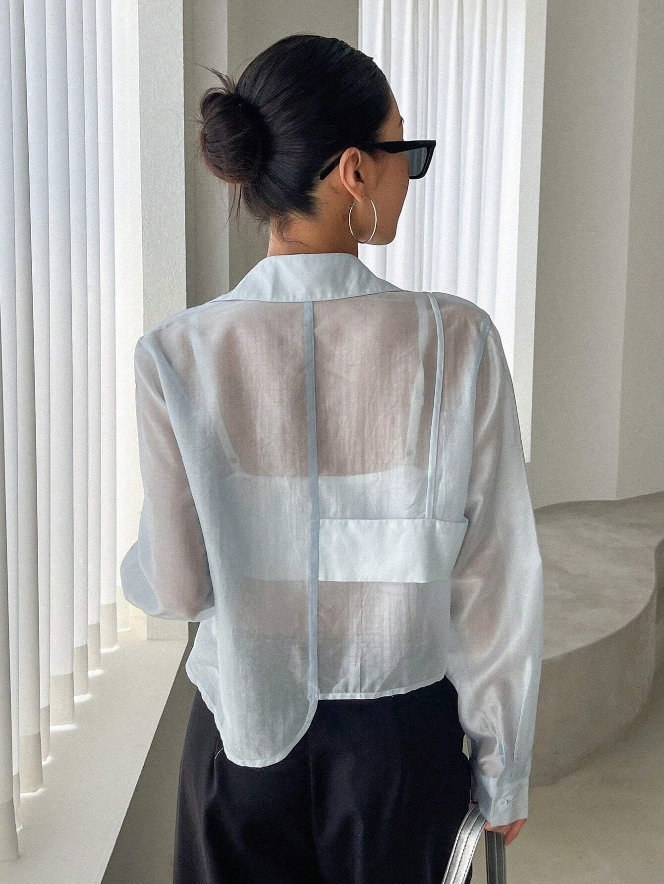 CM-TS399777 Women Casual Seoul Style Solid Button Front 2 In 1 Shirt - Baby Blue