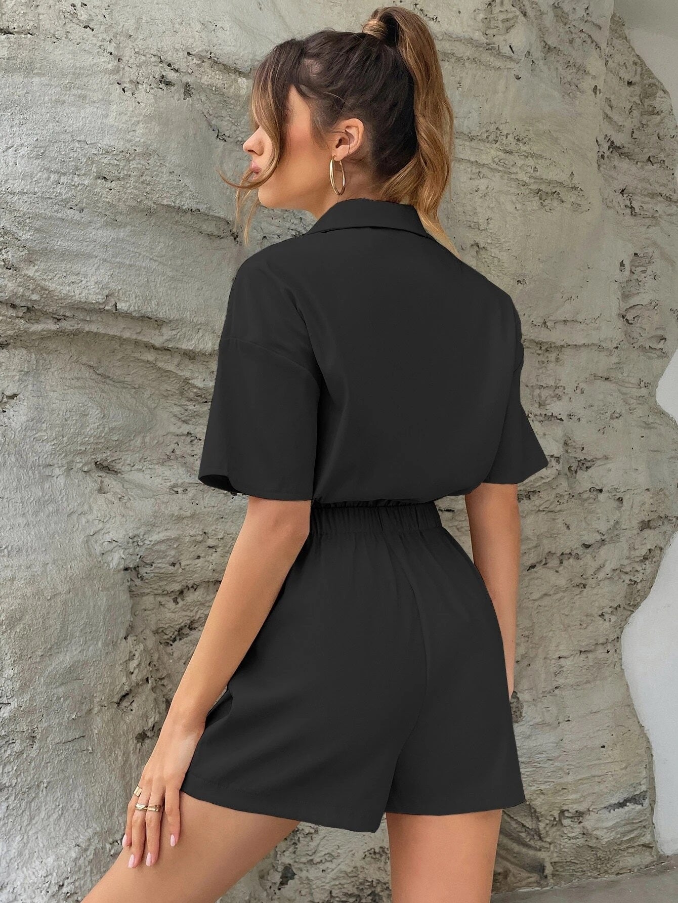 CM-JS265416 Women Casual Seoul Style Flap Pocket Drop Shoulder Shirt Romper - Black