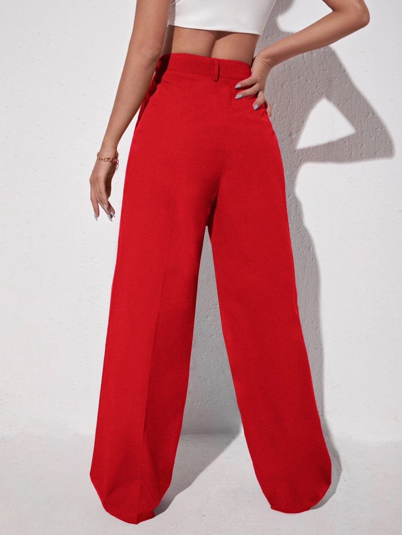 CM-BS245342 Women Elegant Seoul Style Solid Slant Pocket Wide Leg Pants - Red