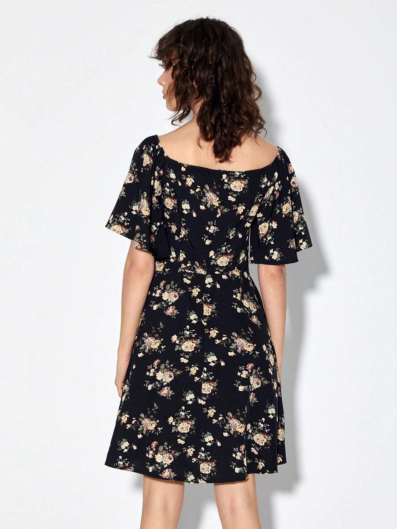 CM-DS208284 Women Casual Seoul Style Floral Print Square Neck Butterfly Sleeve Dress