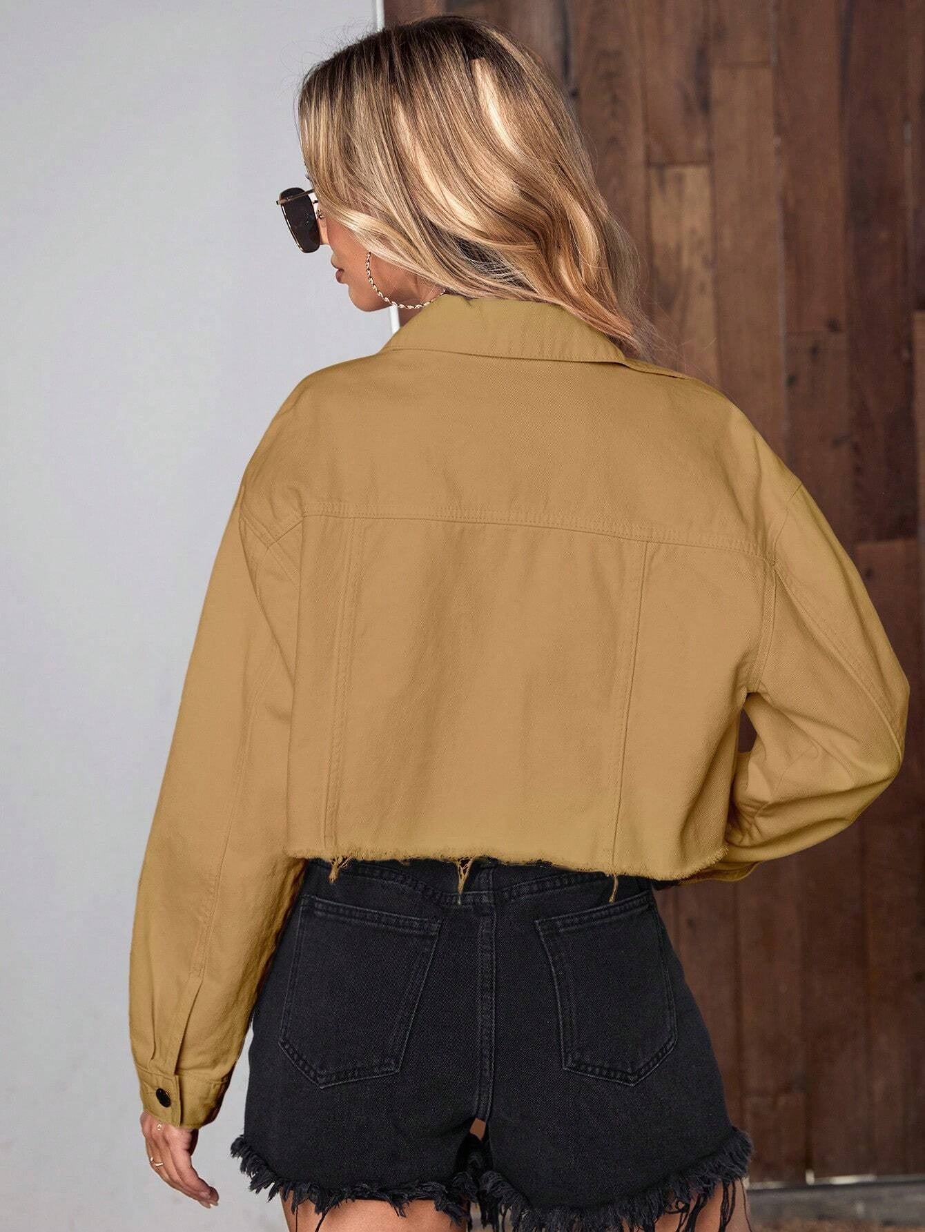 CM-CS779700 Women Casual Seoul Style Flap Pocket Raw Hem Denim Jacket - Brown