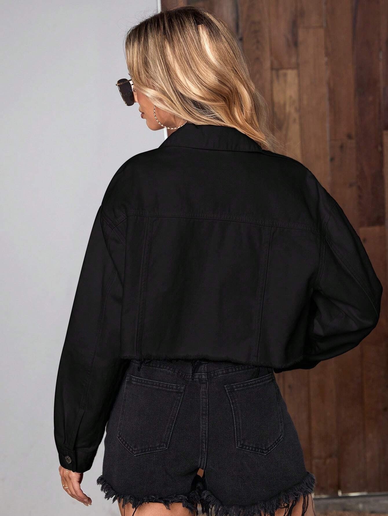 CM-CS501505 Women Casual Seoul Style Flap Pocket Raw Hem Denim Jacket - Black