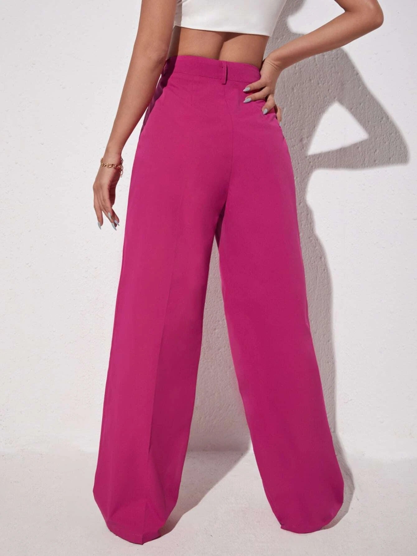 CM-BS308235 Women Elegant Seoul Style Solid Slant Pocket Wide Leg Pants - Hot Pink