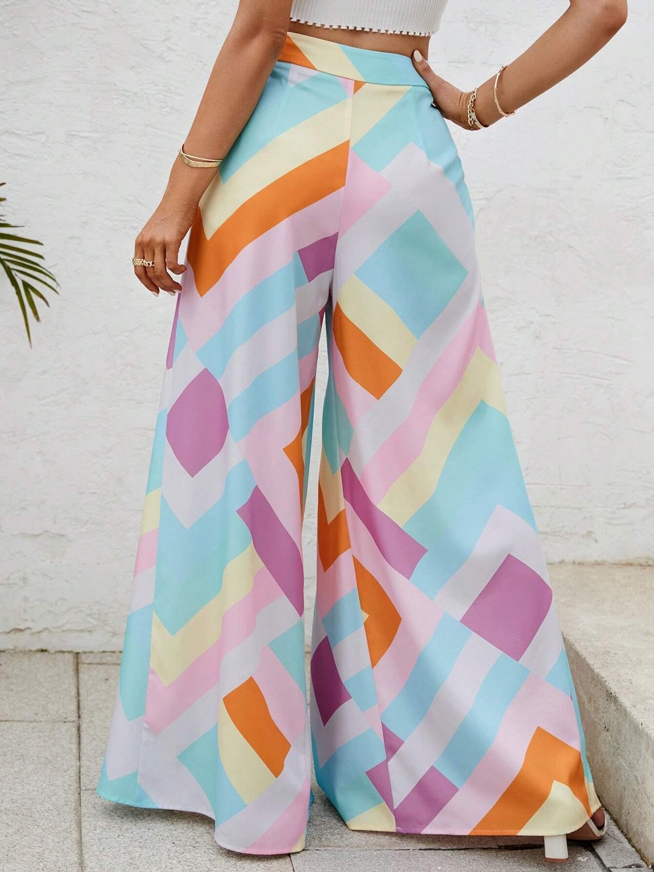 CM-BS791989 Women Trendy Bohemian Style Geometric Print Wide Leg Pants