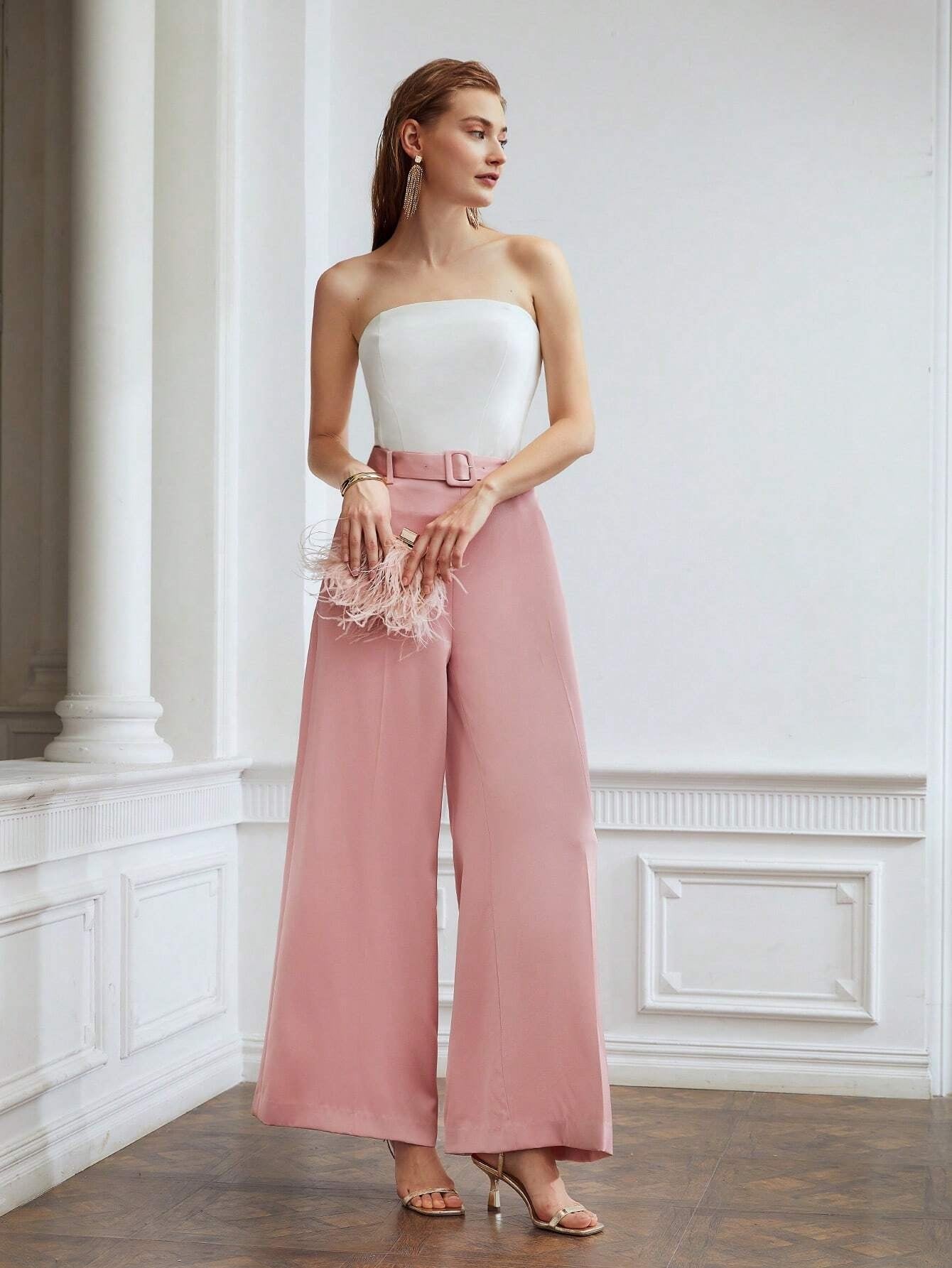 CM-BS663354 Women Elegant Seoul Style Loose Belted Wide Leg Pants - Dusty Pink