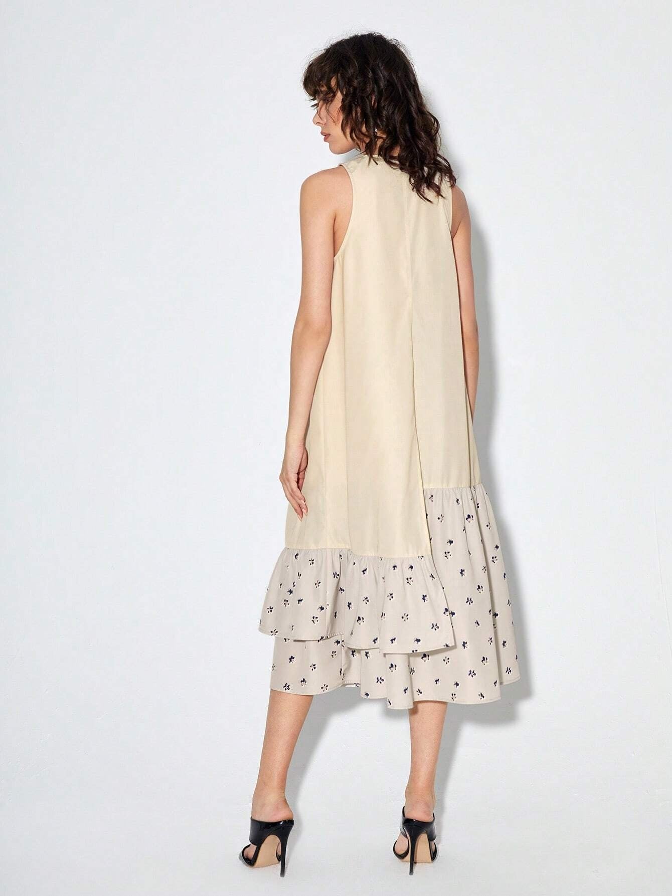 CM-DS908098 Casual Seoul Style Sleeveless Ditsy Floral Ruffle Hem Smock Dress - Apricot