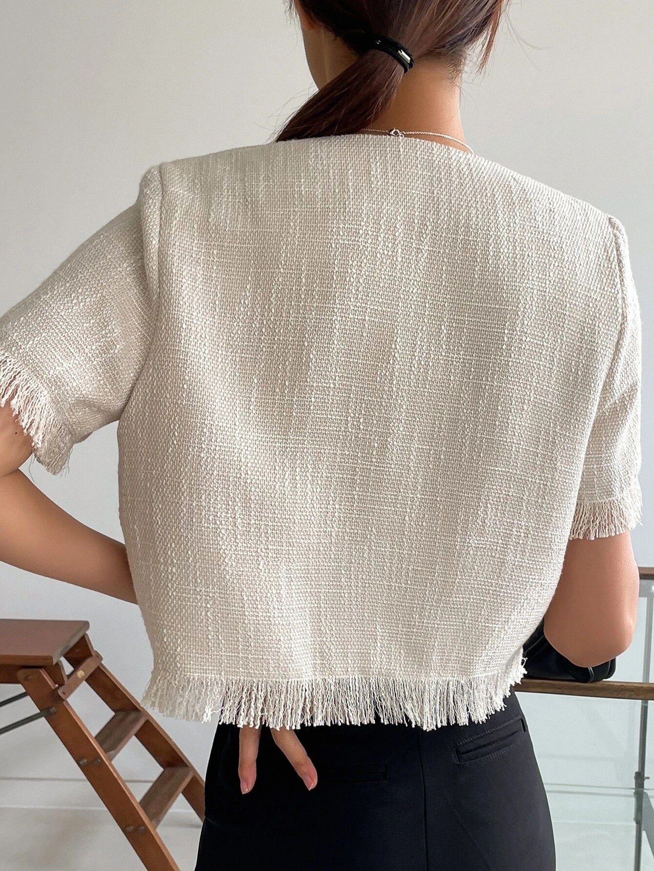 CM-TS168400 Women Casual Seoul Style Solid Button Front Raw Hem Crop Blouse - Apricot