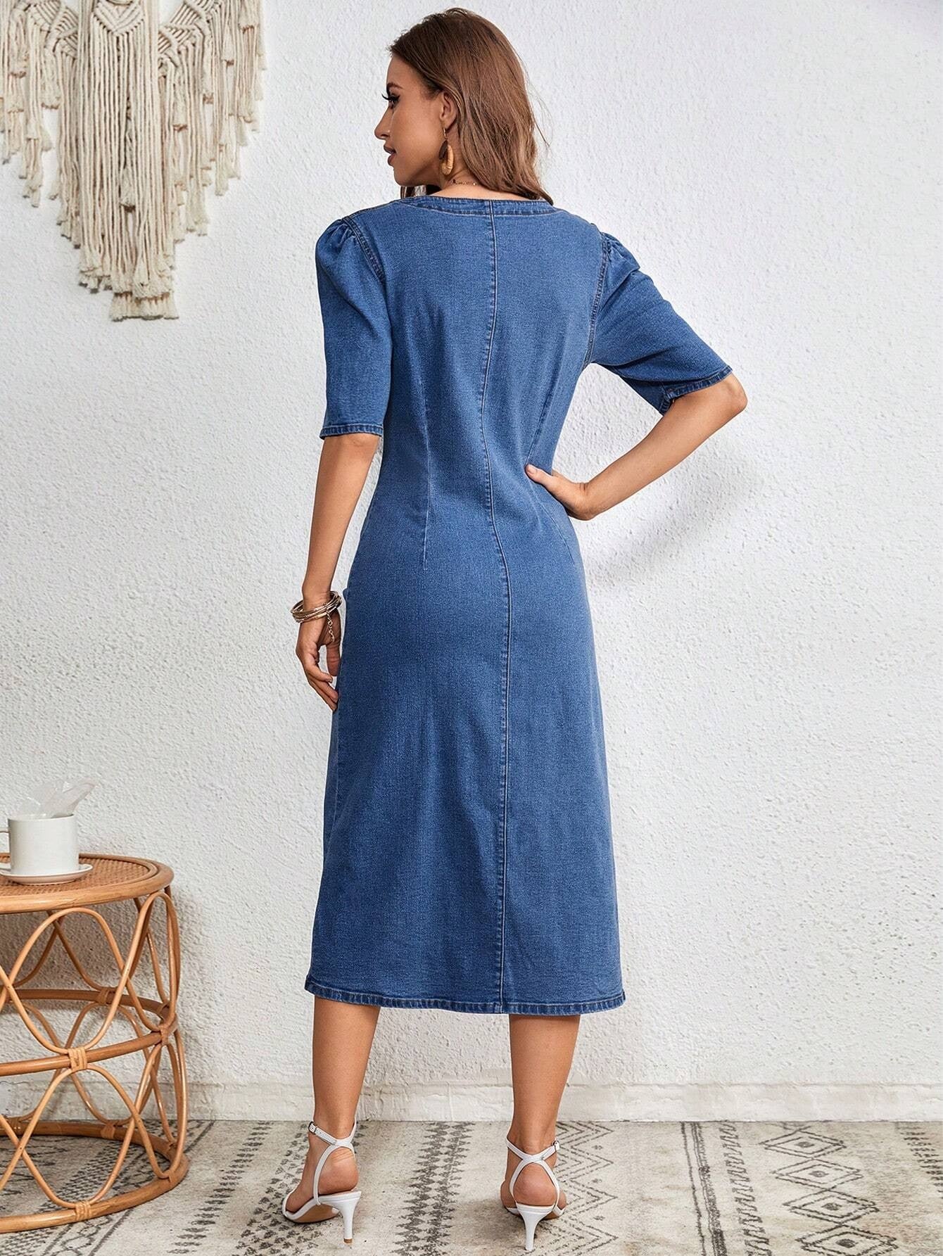 CM-DS623304 Women Casual Seoul Style Puff Sleeve Ruched Button Through Denim Dress