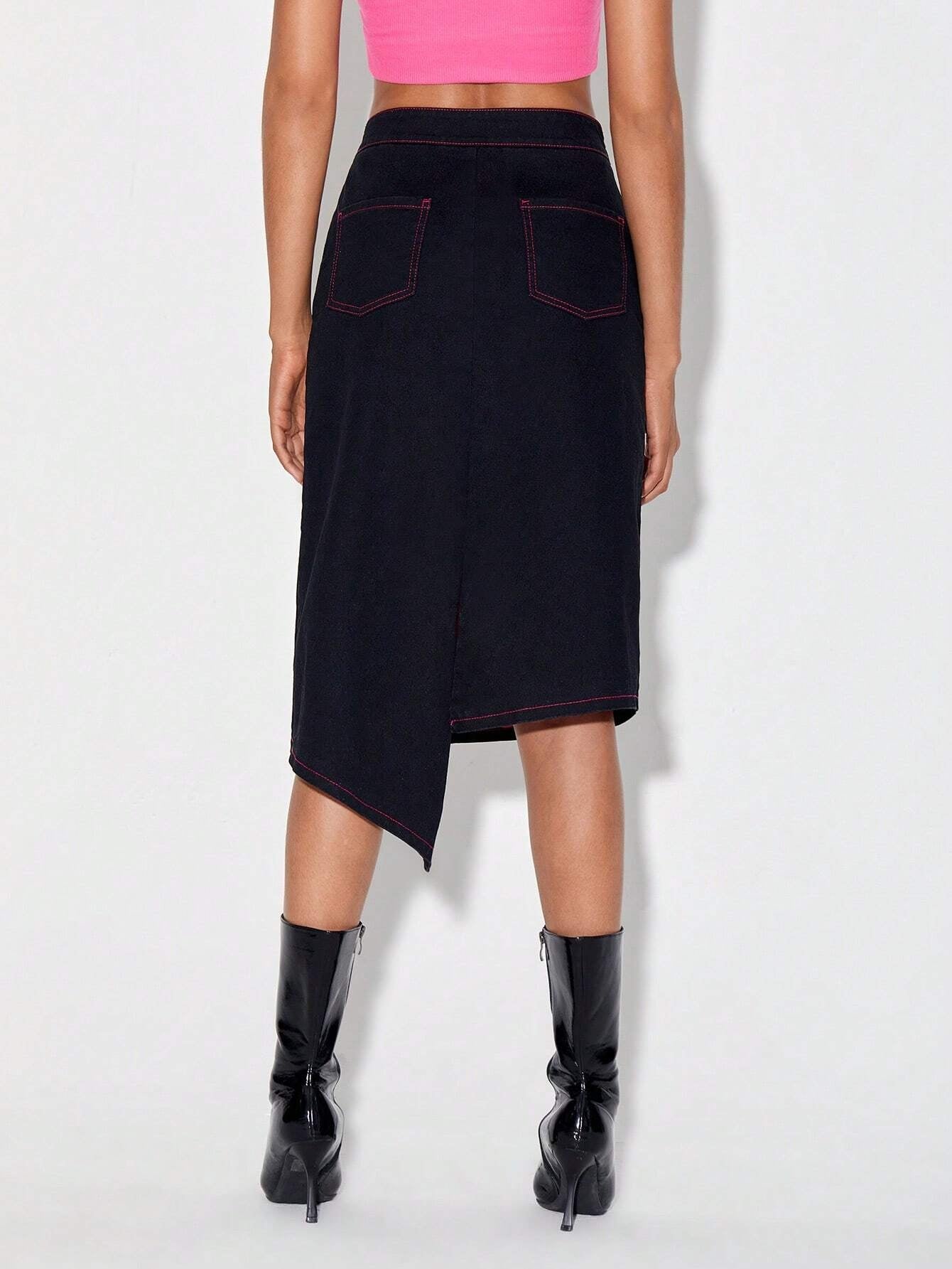 CM-BS396672 Women Casual Seoul Style Solid High Waist Asymmetrical Denim Skirt - Black