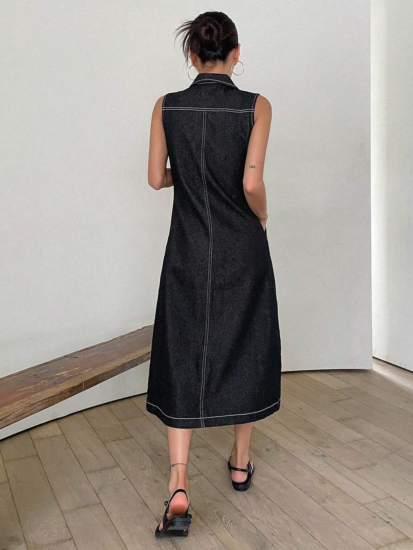 CM-DS252217 Women Preppy Seoul Style Top-Stitching Button Front Flap Pocket Denim Dress