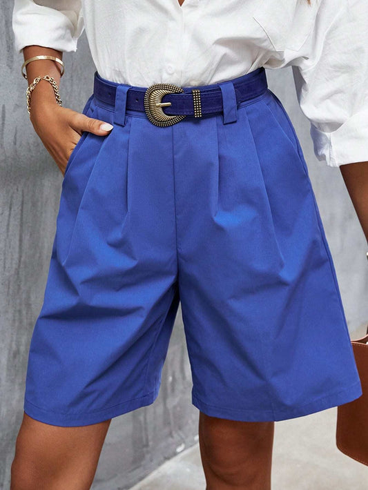 CM-BS962781 Women Casual Seoul Style Fold Pleated Slant Pocket Bermuda Shorts - Blue