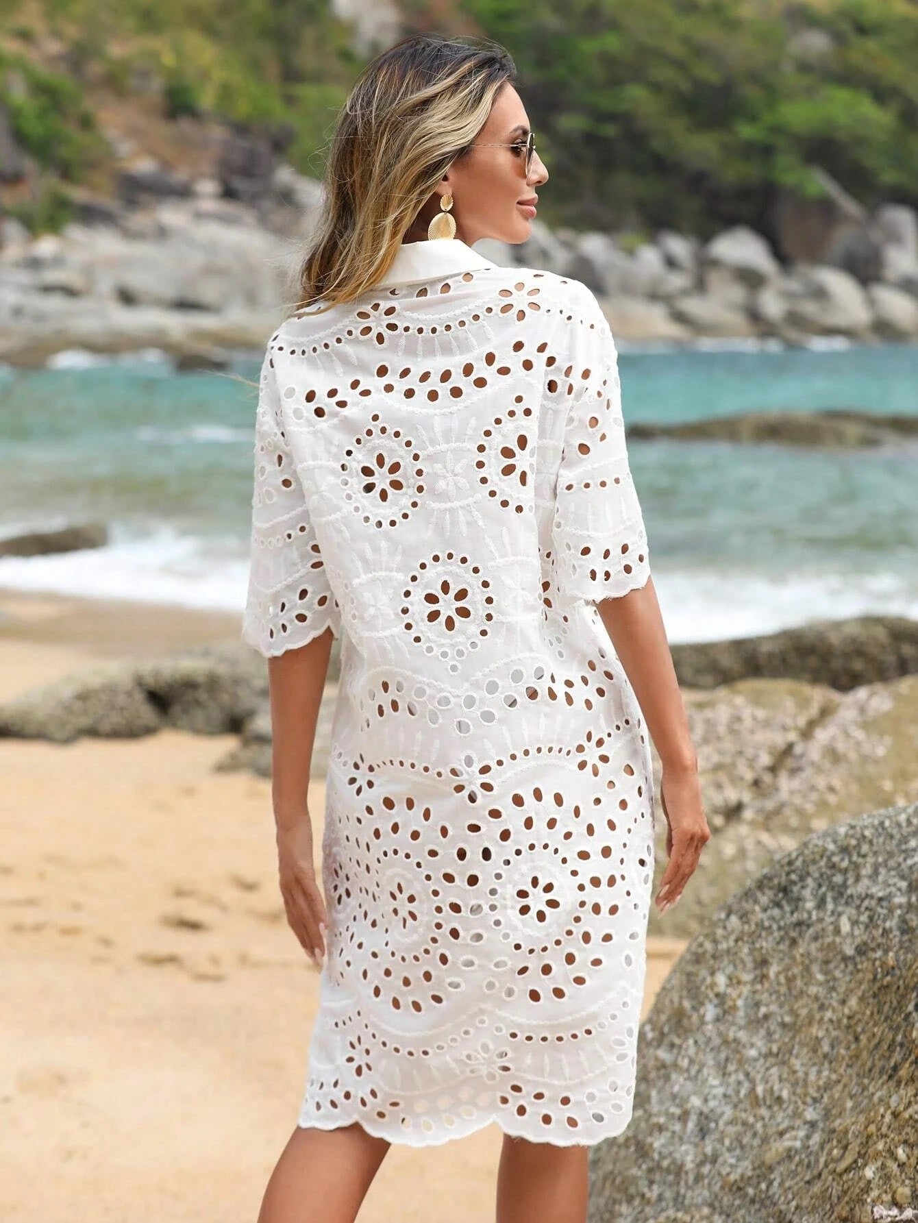 CM-DS195559 Women Trendy Bohemian Style Eyelet Embroidery Button Front Drop Shoulder Shirt Dress