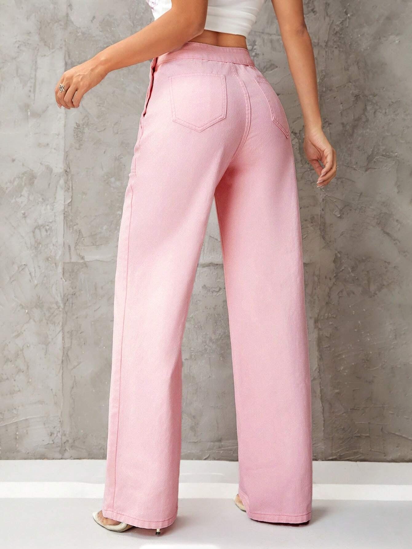 CM-BS192030 Women Casual Seoul Style High Waist Button Detail Wide Leg Jeans - Pink