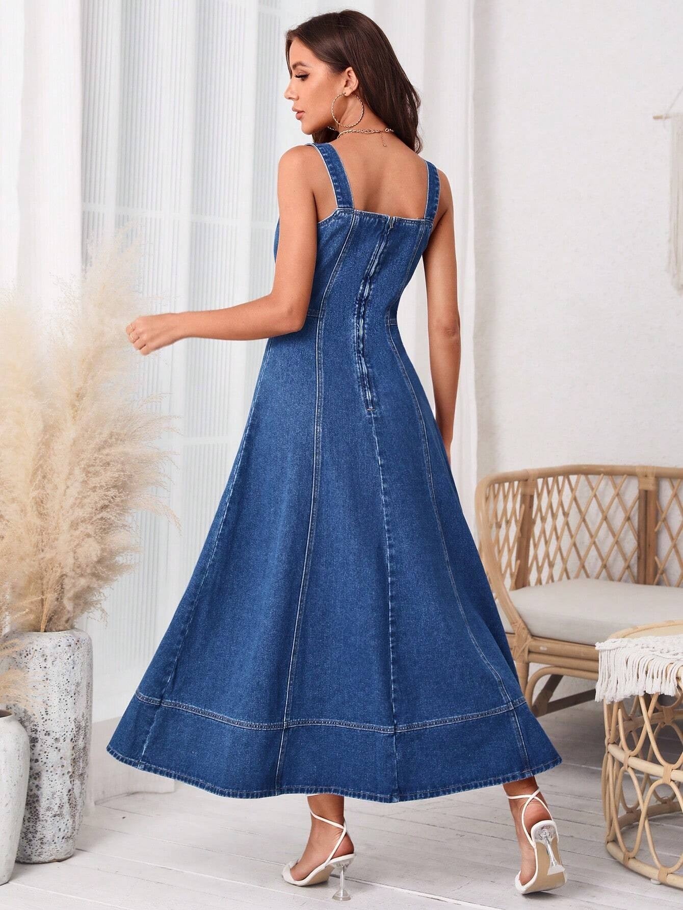CM-DS764826 Women Casual Seoul Style Sleeveless Zip Back Cami Denim Dress