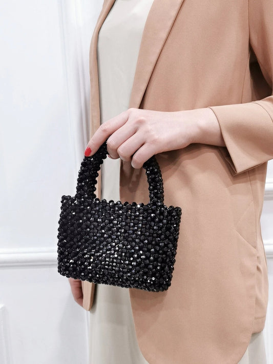 CM-BGS691891 Women Trendy Seoul Style Mini Beaded Square Bag - Black