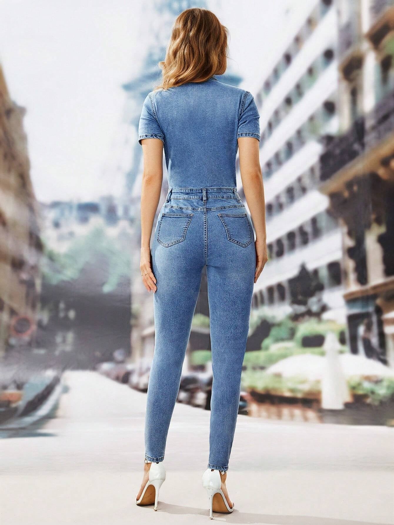 CM-JS221159 Women Preppy Seoul Style Light Wash Flap Pocket Zip Front Denim Jumpsuit
