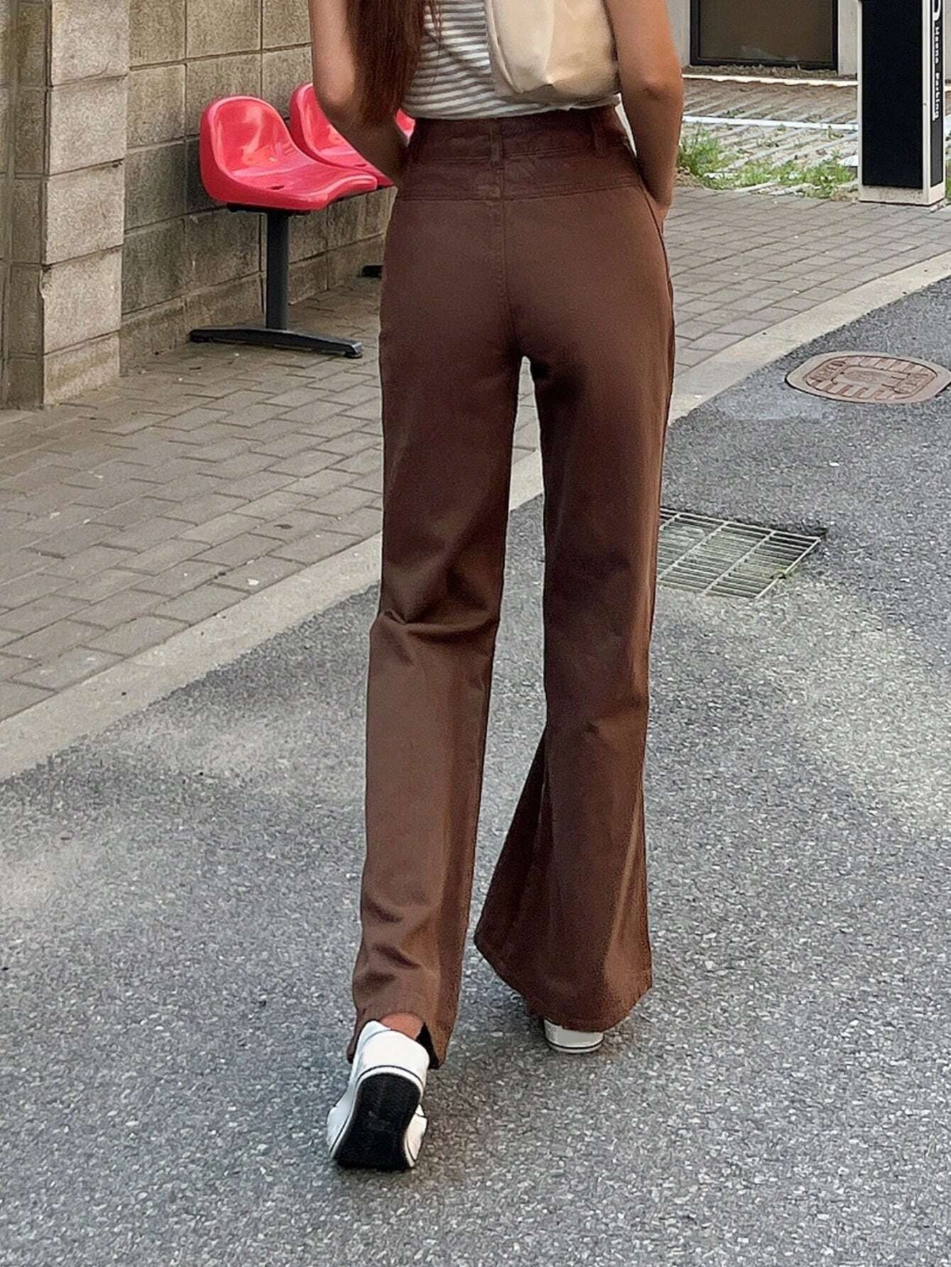 CM-BS292422 Women Casual Seoul Style Drop Waist Solid Flare Leg Jeans - Brown