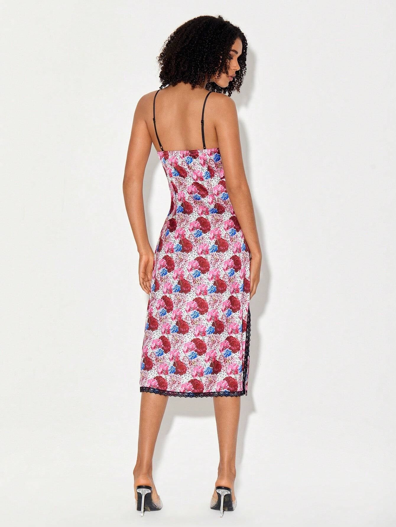 CM-DS071302 Women Casual Seoul Styel Allover Floral Print Contrast Lace Cami Dress