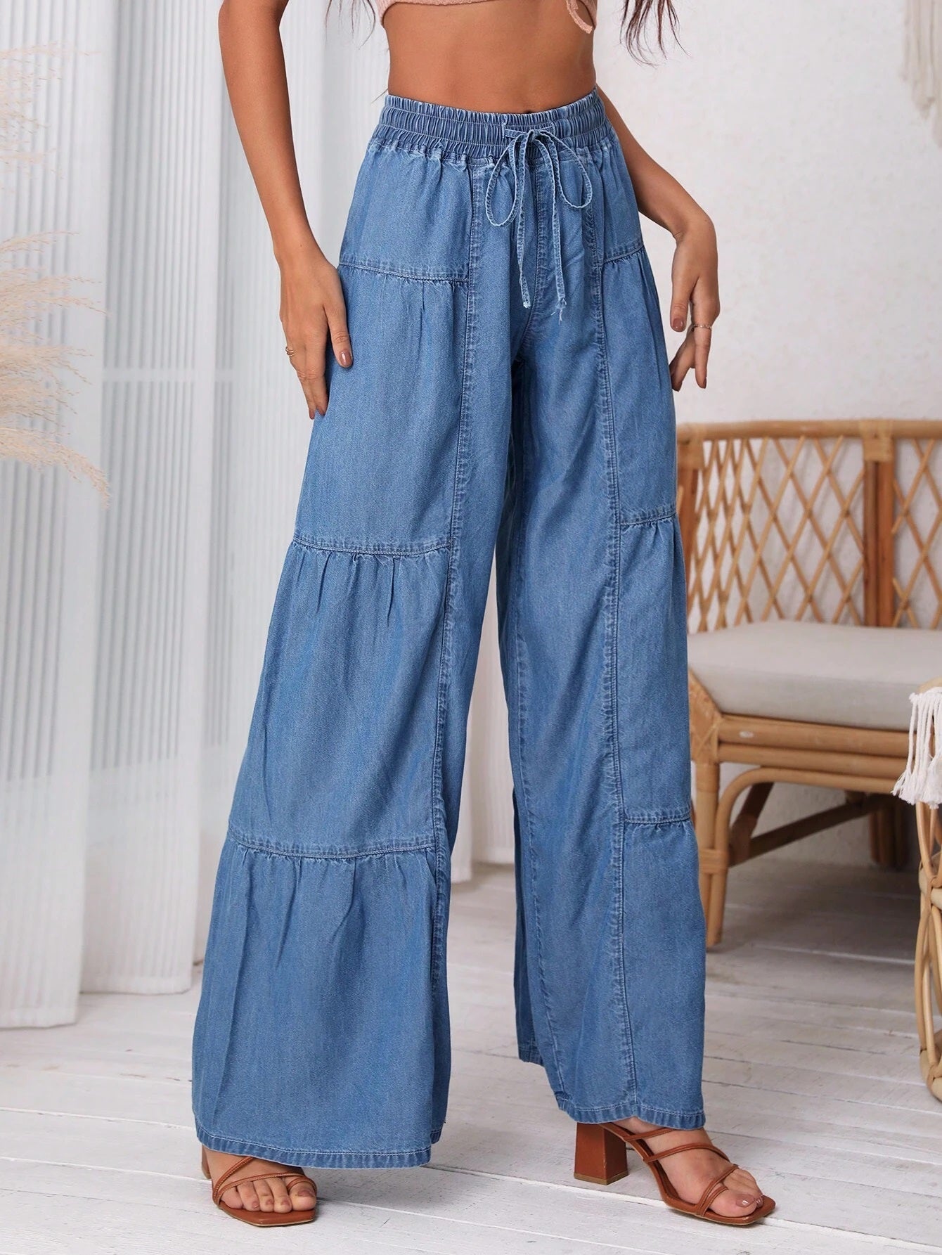 CM-BS853075 Women Casual Seoul Style Medium Wash Drawstring Waist Wide Leg Jeans