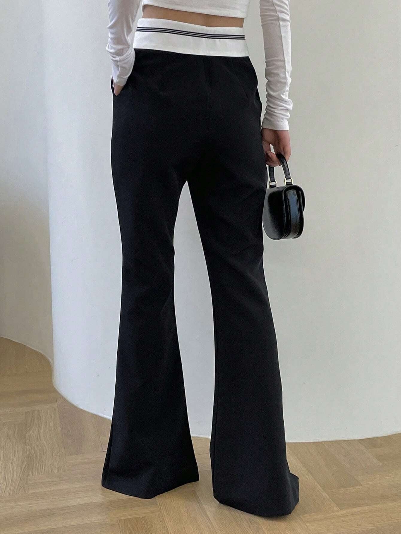 CM-BS204194 Women Elegant Seoul Style Contrast Waist Split Hem Flare Leg Pants - Black