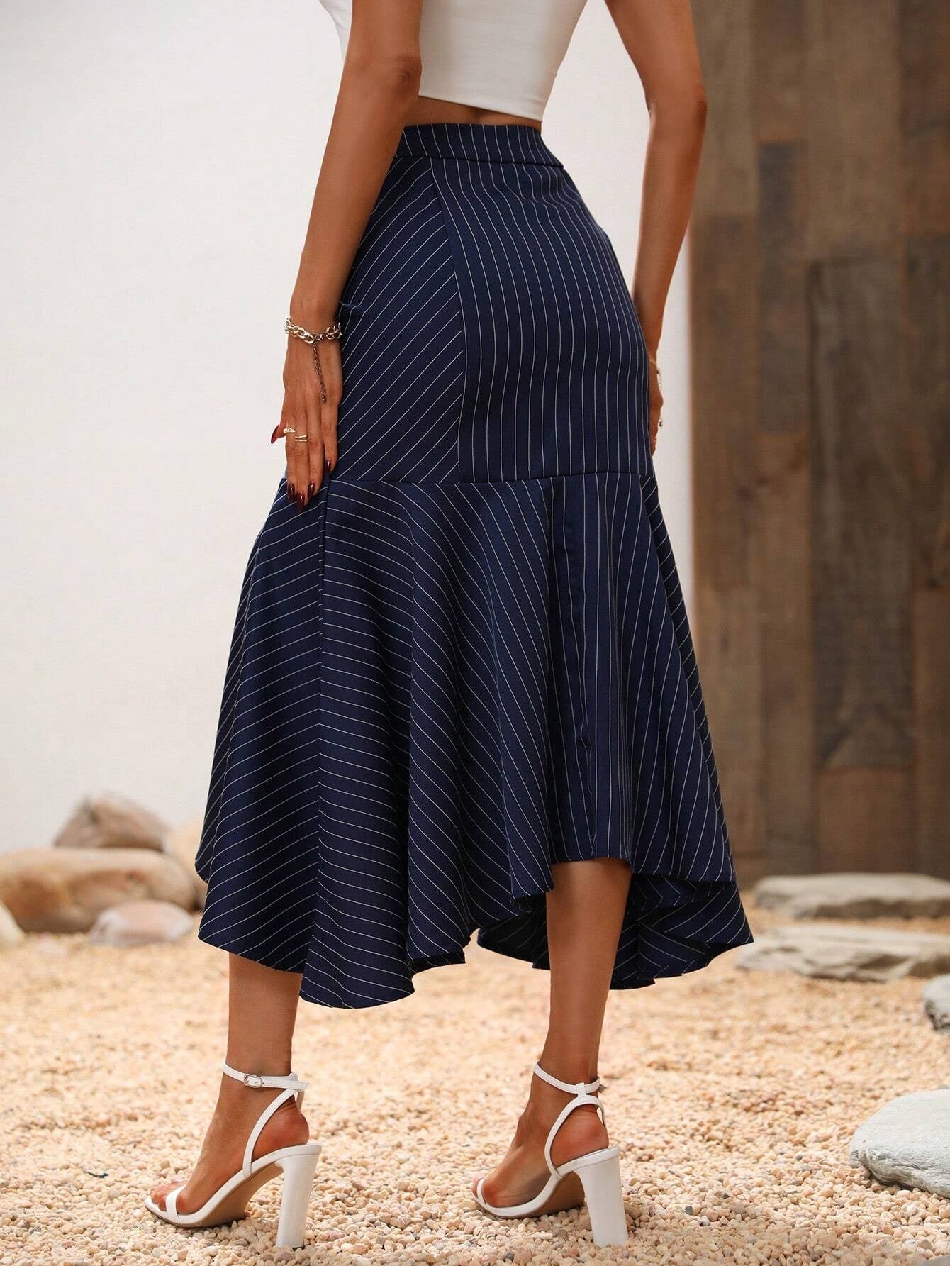 CM-BS656765 Women Casual Seoul Style Striped Print Button Front Mermaid Hem Skirt