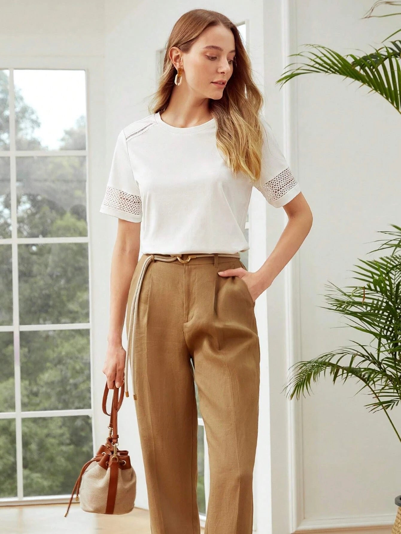 CM-TS970690 Women Casual Seoul Style Guipure Lace Detail Short Sleeve T-Shirt - White