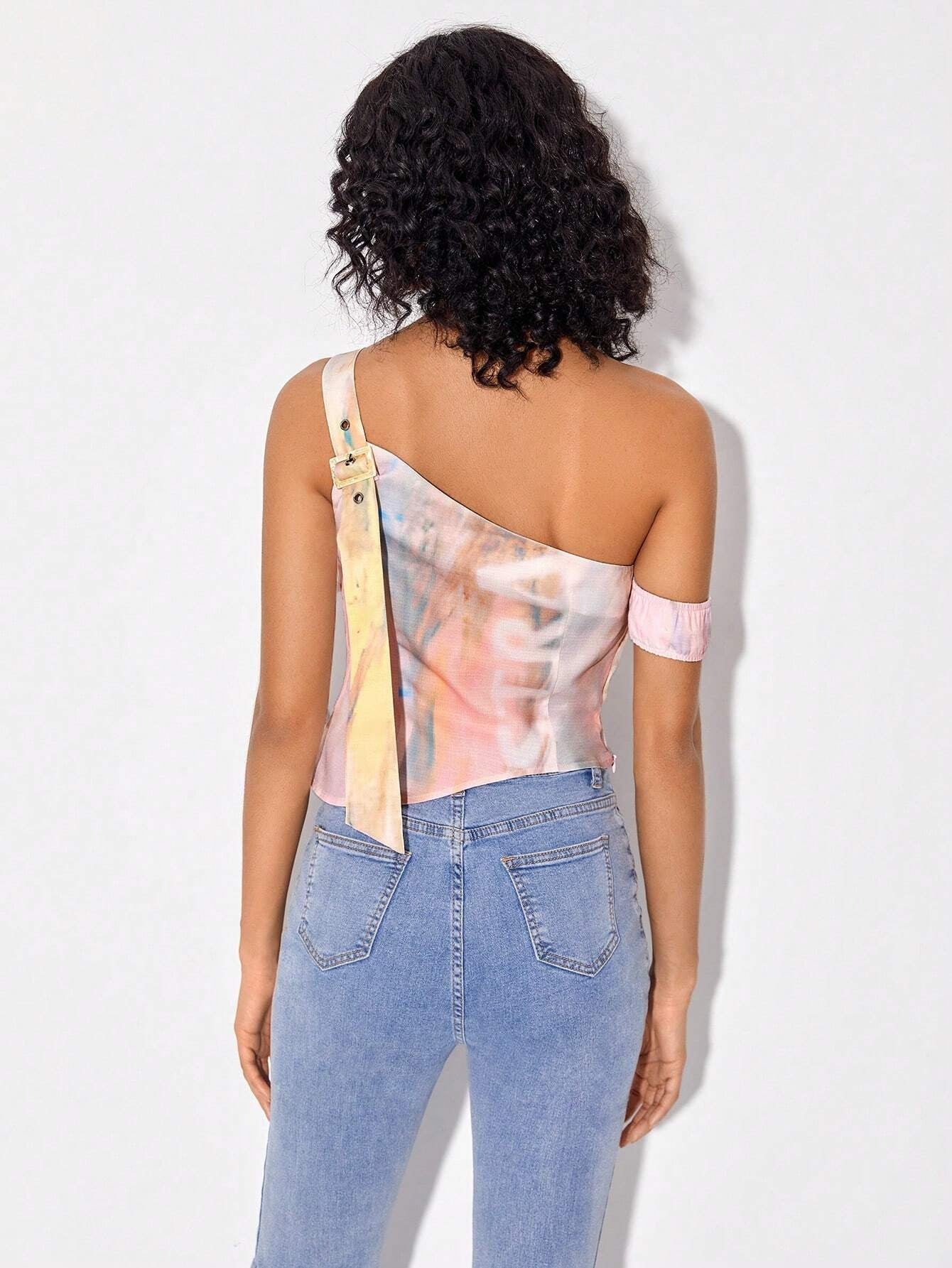 CM-TS157526 Women Casual Seoul Style Asymmetrical Neck Drawstring Ruched Front Crop Top