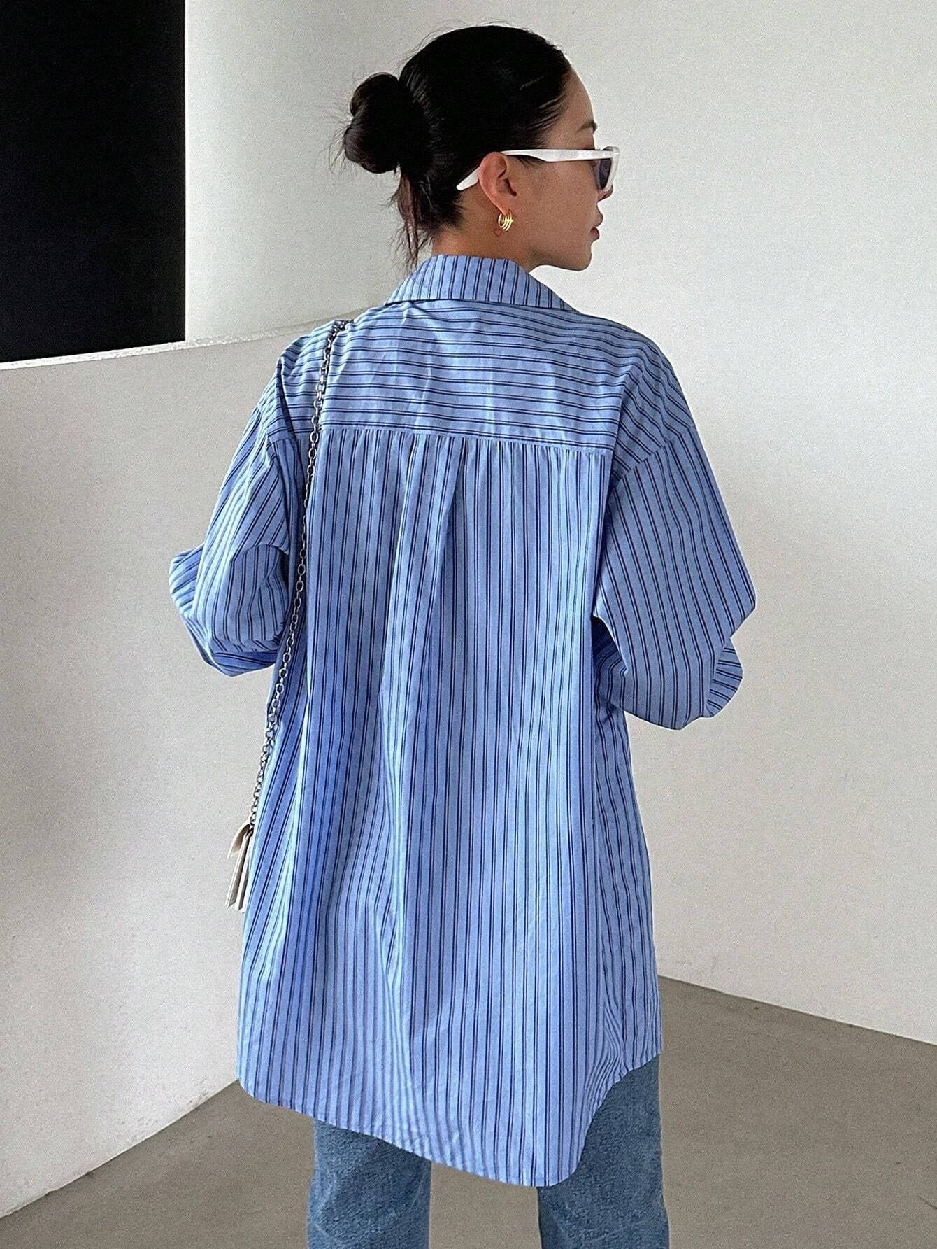 CM-TS536550 Women Casual Seoul Style Striped Print Button Front Shirt - Blue