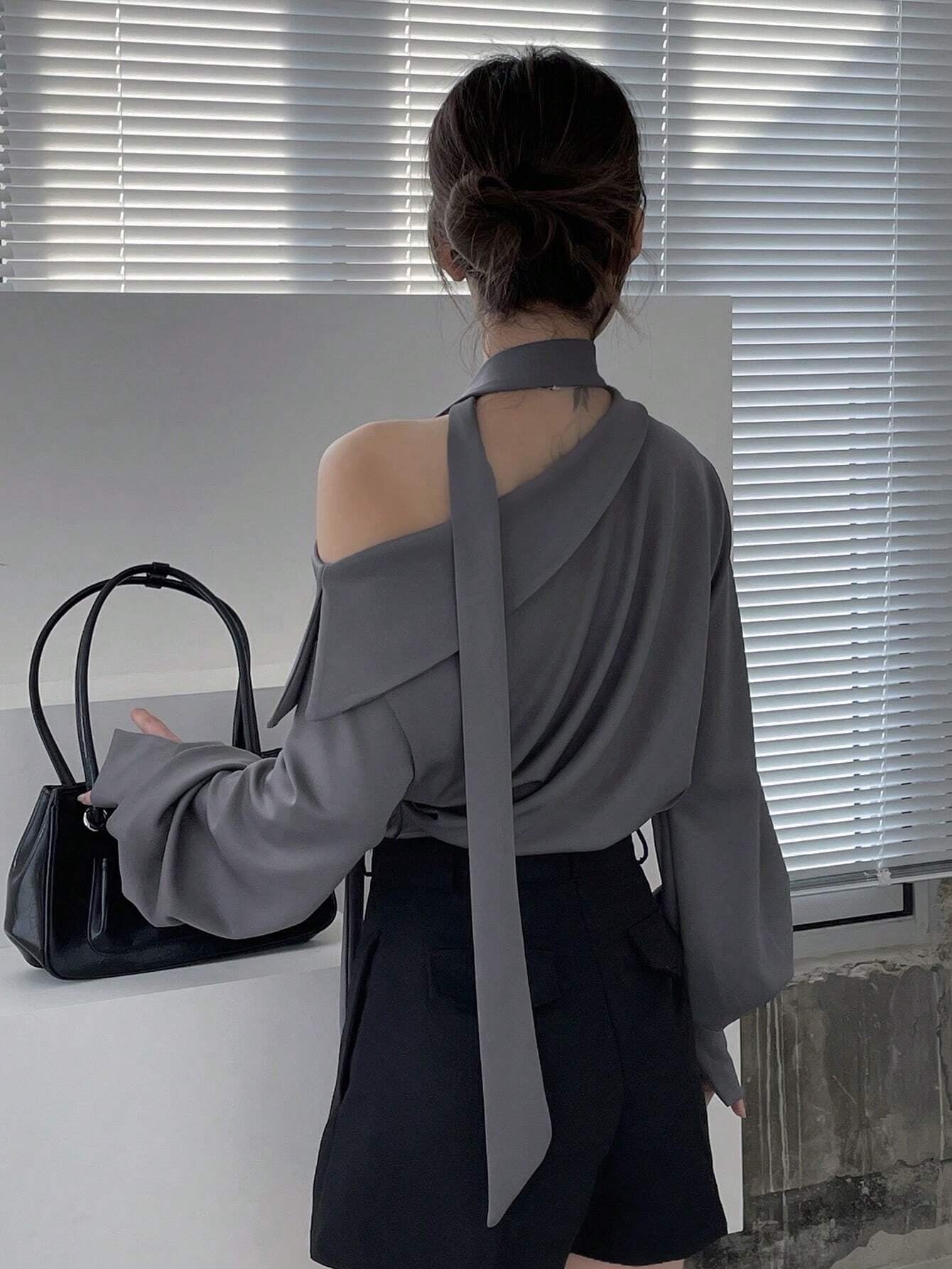CM-TS926000 Women Casual Seoul Style Solid Asymmetrical Neck Drop Shoulder Blouse With Tie