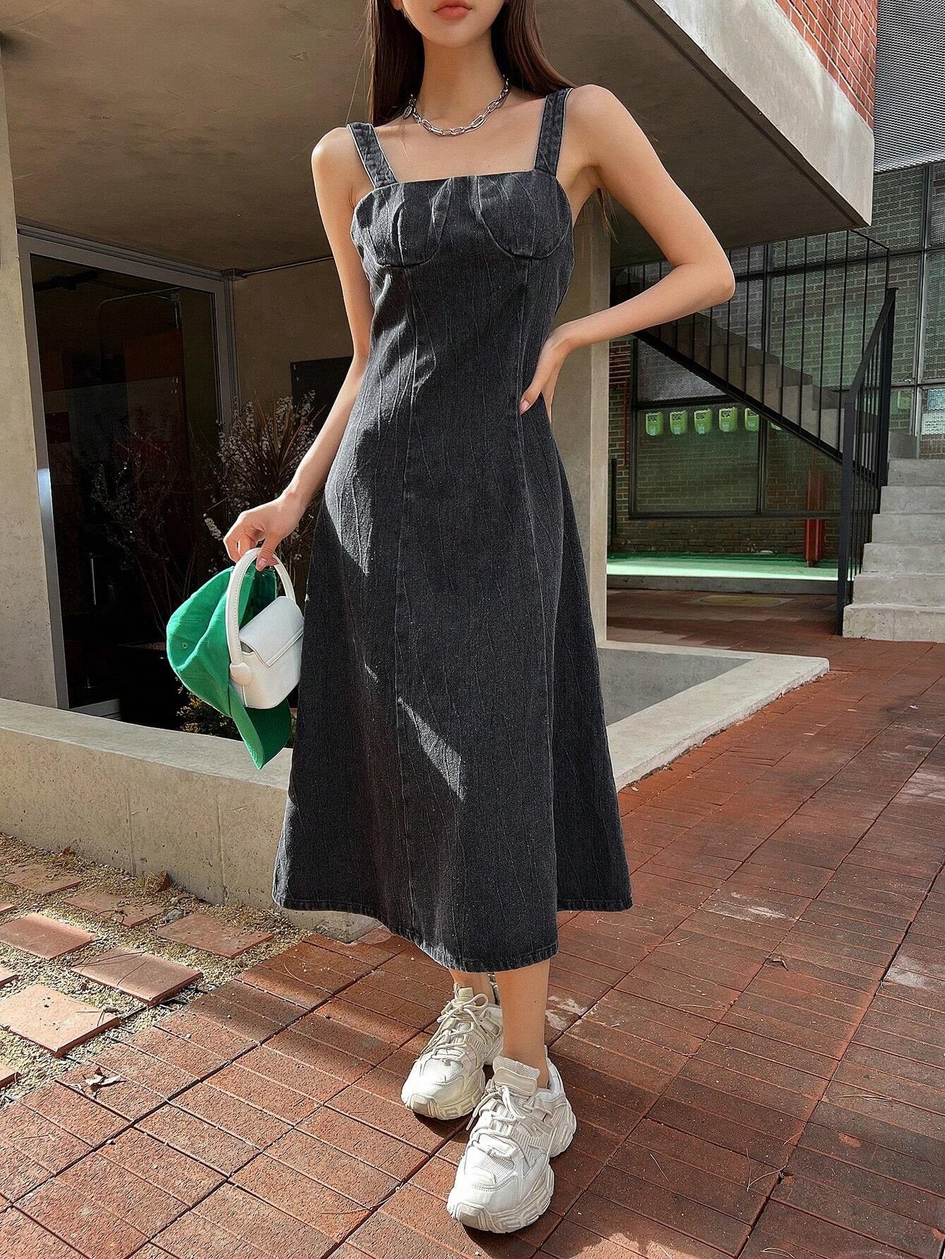 CM-DS195132 Women Casual Seoul Style Solid Zip Back Cami Denim Dress - Dark Gray